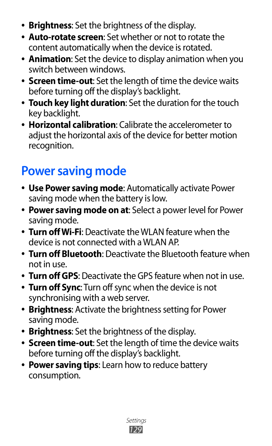 Samsung GT-I8150FKAJED, GT-I8150FKAKSA, GT-I8150FKAXSG, GT-I8150EWAMID, GT-I8150FKAEGY, GT-I8150FKAMID manual Power saving mode 