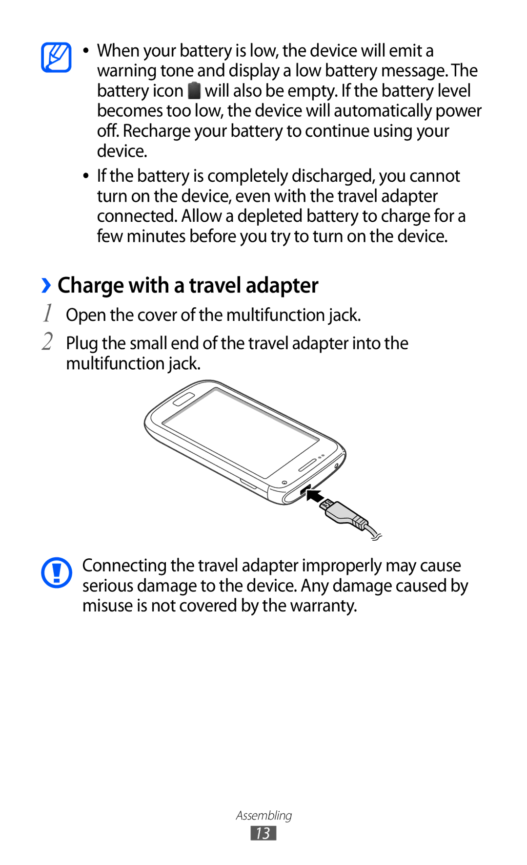 Samsung GT-I8150EWATHR, GT-I8150FKAKSA, GT-I8150FKAXSG, GT-I8150EWAMID, GT-I8150FKAEGY manual ››Charge with a travel adapter 