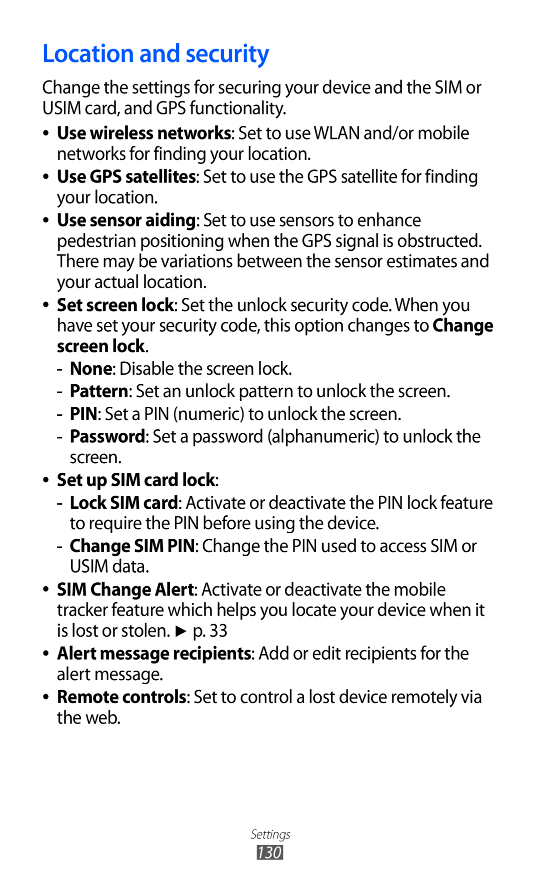 Samsung GT-I8150FKAMID, GT-I8150FKAKSA, GT-I8150FKAXSG, GT-I8150EWAMID manual Location and security, Set up SIM card lock 