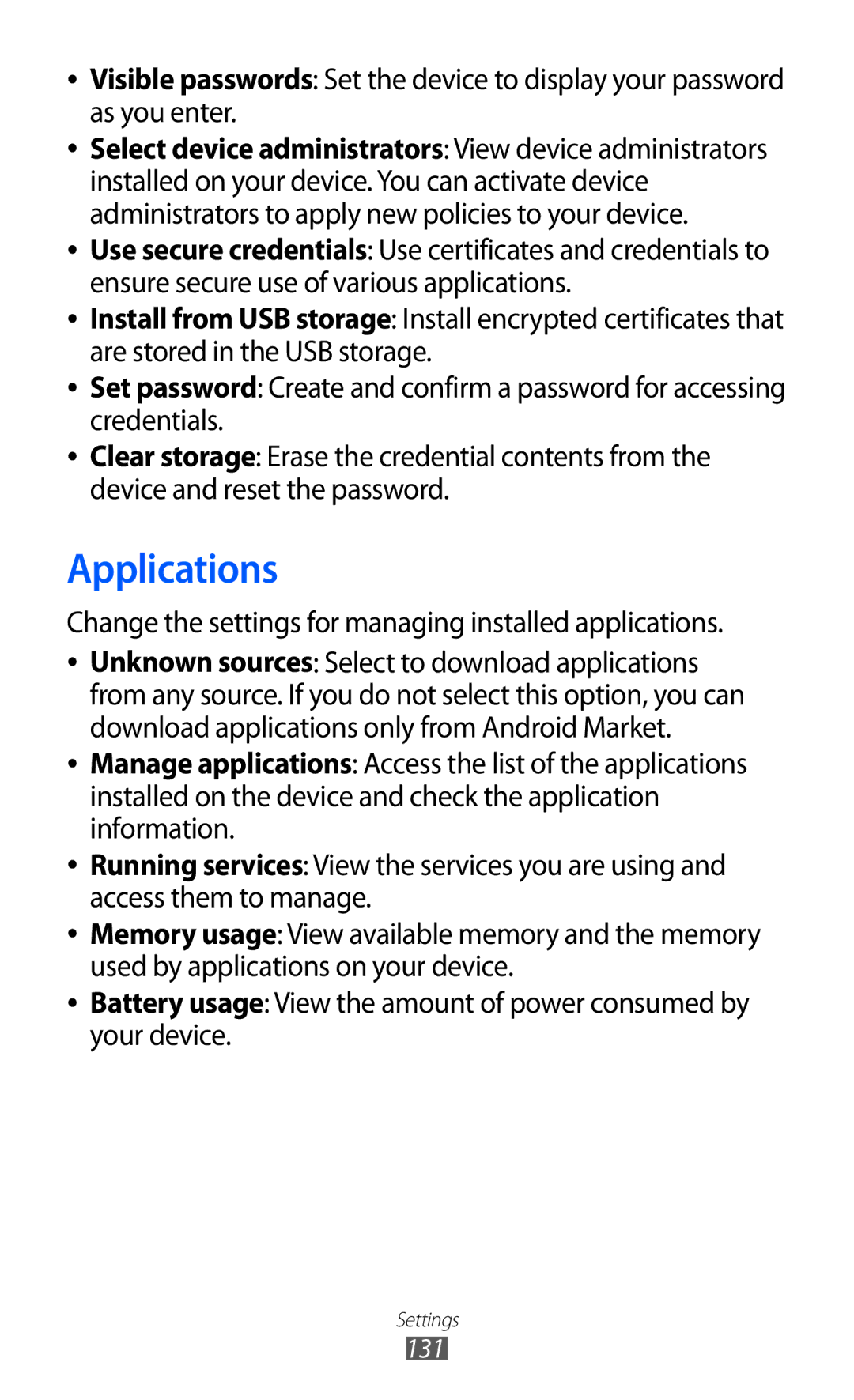 Samsung GT-I8150MAAAFR, GT-I8150FKAKSA manual Applications, Change the settings for managing installed applications 