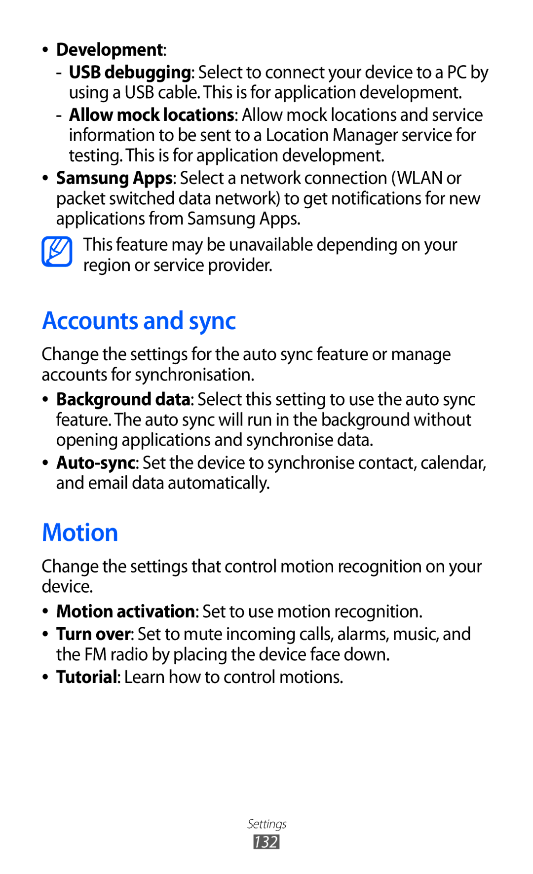 Samsung GT-I8150EWAKSA, GT-I8150FKAKSA manual Accounts and sync, Motion, Development, Tutorial Learn how to control motions 