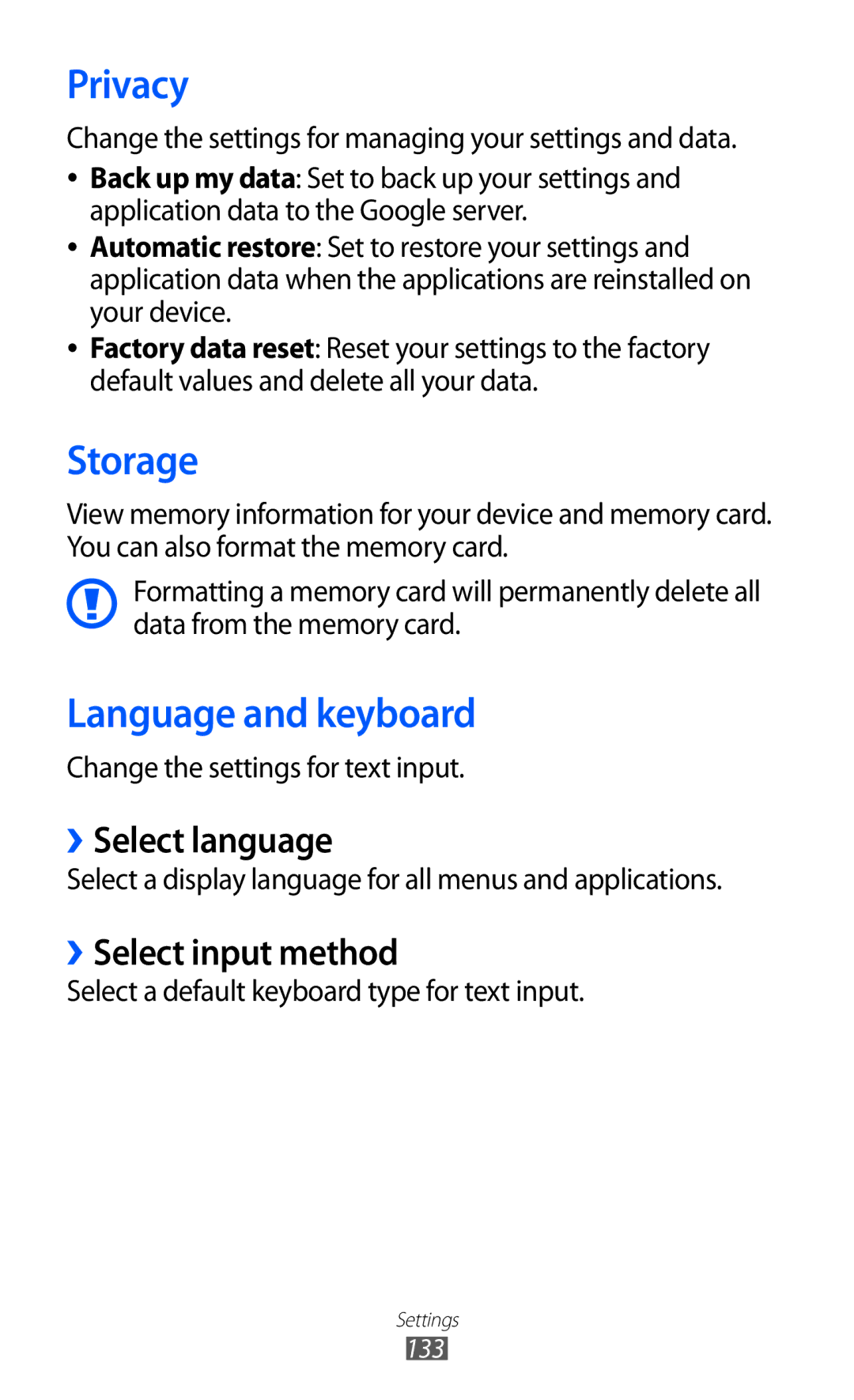 Samsung GT-I8150MAAXSG, GT-I8150FKAKSA Privacy, Storage, Language and keyboard, ››Select language, ››Select input method 