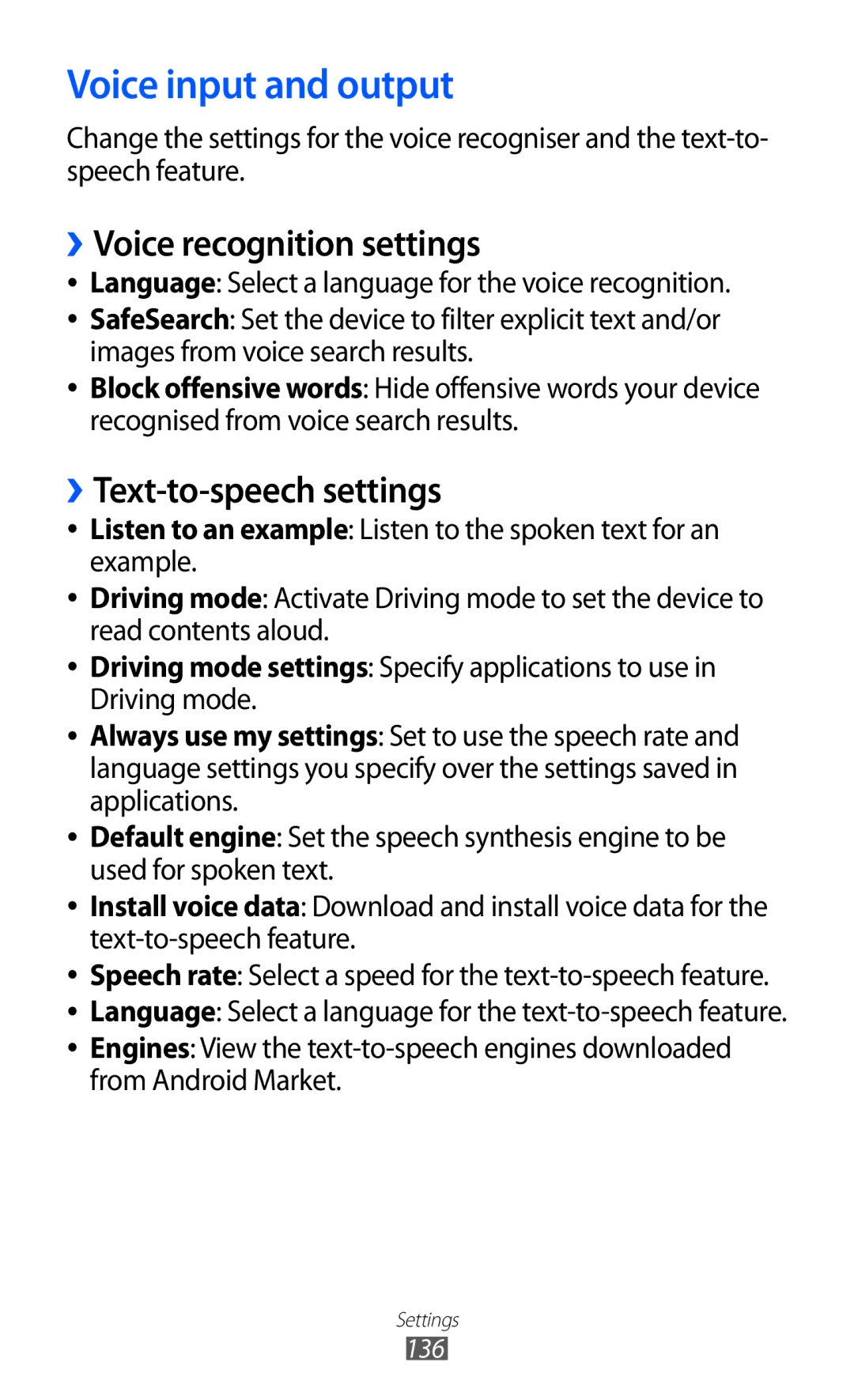 Samsung GT-I8150FKATUN, GT-I8150FKAKSA Voice input and output, ››Voice recognition settings, ››Text-to-speech settings 