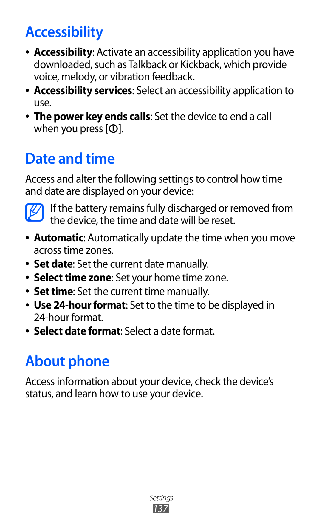 Samsung GT-I8150MAAJED, GT-I8150FKAKSA, GT-I8150FKAXSG, GT-I8150EWAMID manual Accessibility, Date and time, About phone 