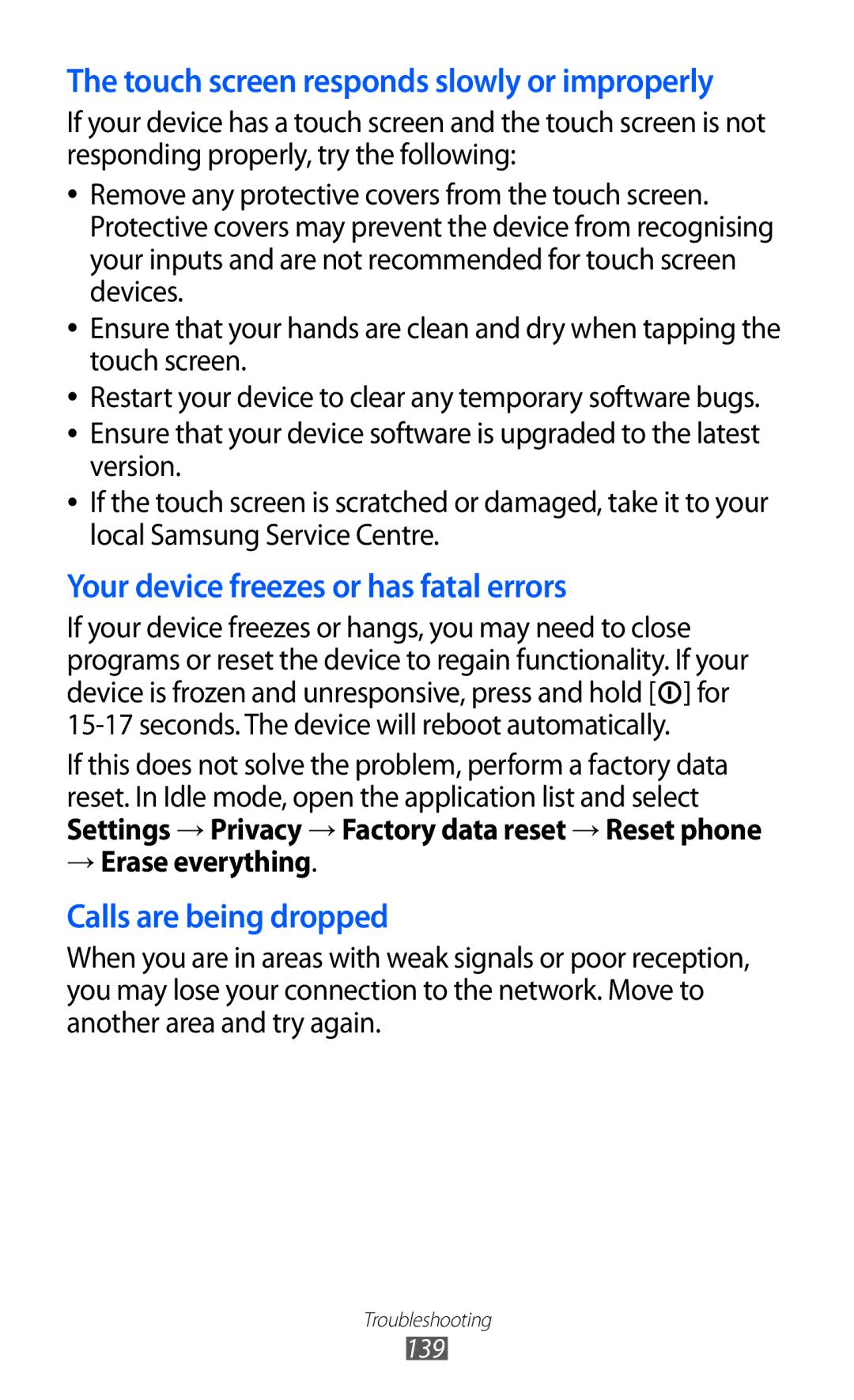 Samsung GT-I8150FKASKZ, GT-I8150FKAKSA, GT-I8150FKAXSG manual Touch screen responds slowly or improperly, → Erase everything 