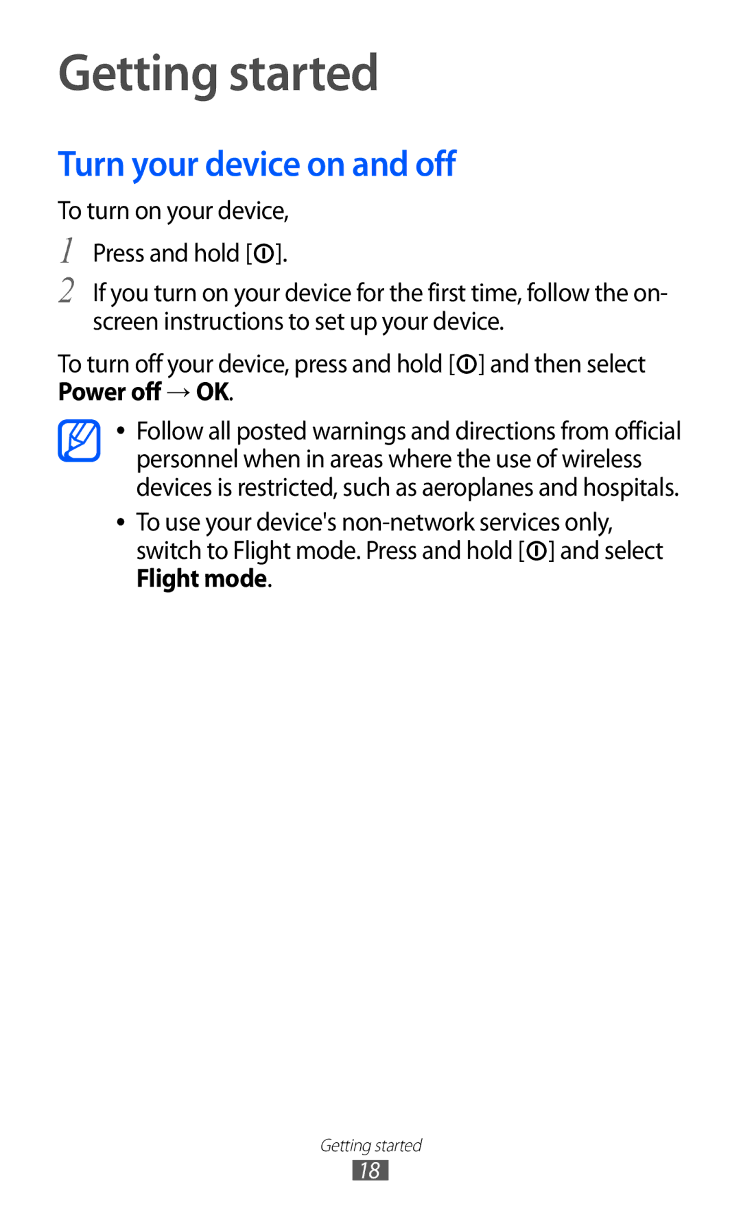 Samsung GT-I8150EWAXXV, GT-I8150FKAKSA, GT-I8150FKAXSG, GT-I8150EWAMID manual Getting started, Turn your device on and off 