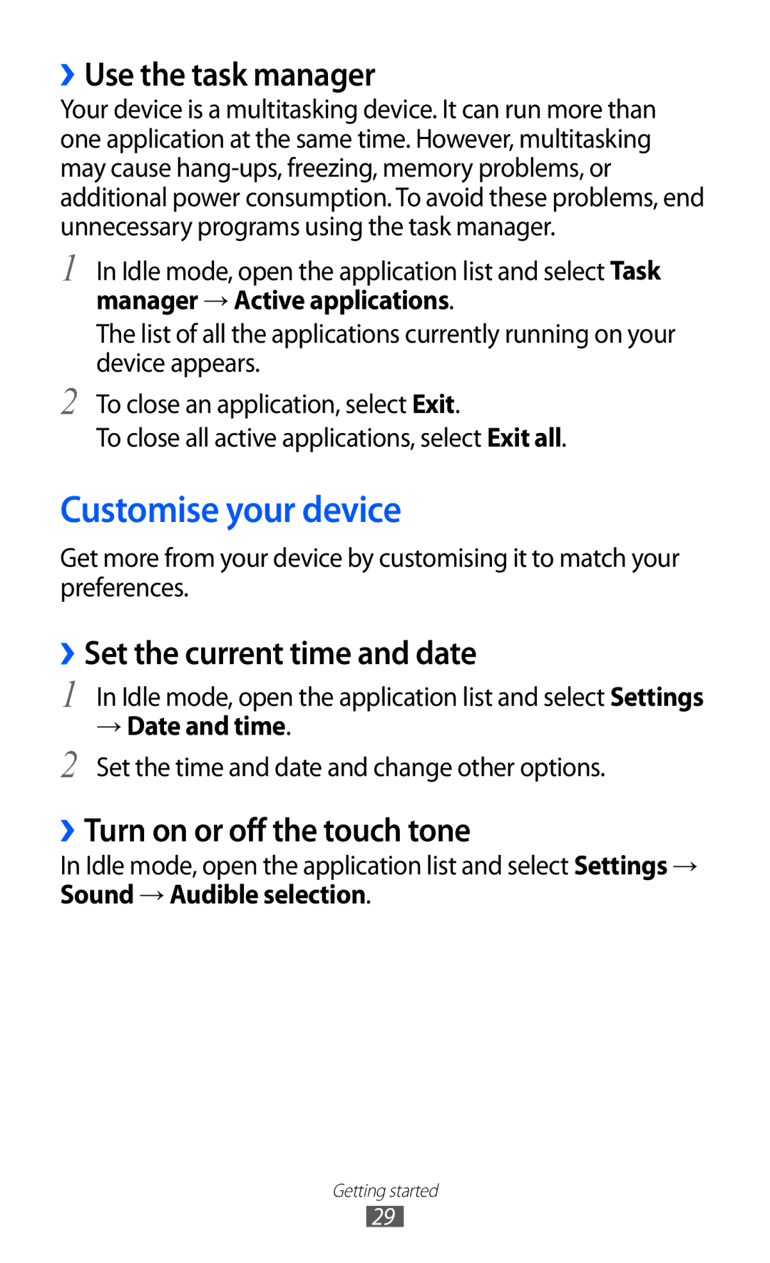 Samsung GT-I8150FKAJED, GT-I8150FKAKSA manual Customise your device, ››Use the task manager, ››Set the current time and date 