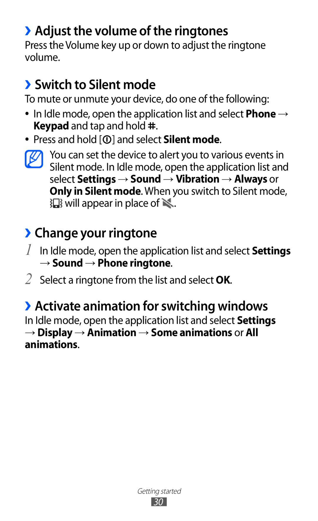 Samsung GT-I8150FKAMID manual ››Adjust the volume of the ringtones, ››Switch to Silent mode, ››Change your ringtone 