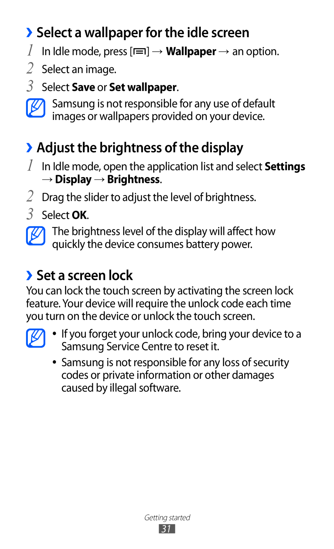 Samsung GT-I8150MAAAFR, GT-I8150FKAKSA ››Select a wallpaper for the idle screen, ››Adjust the brightness of the display 