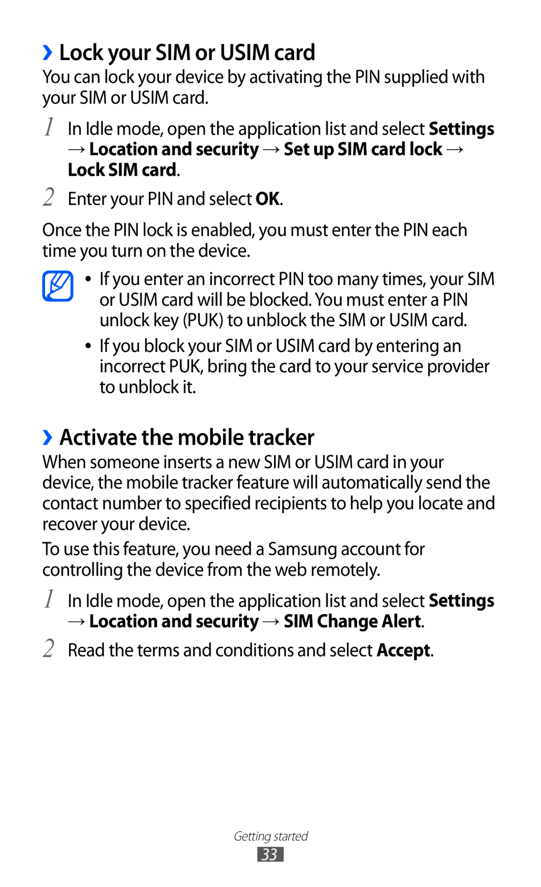 Samsung GT-I8150MAAXSG, GT-I8150FKAKSA, GT-I8150FKAXSG manual ››Lock your SIM or Usim card, ››Activate the mobile tracker 