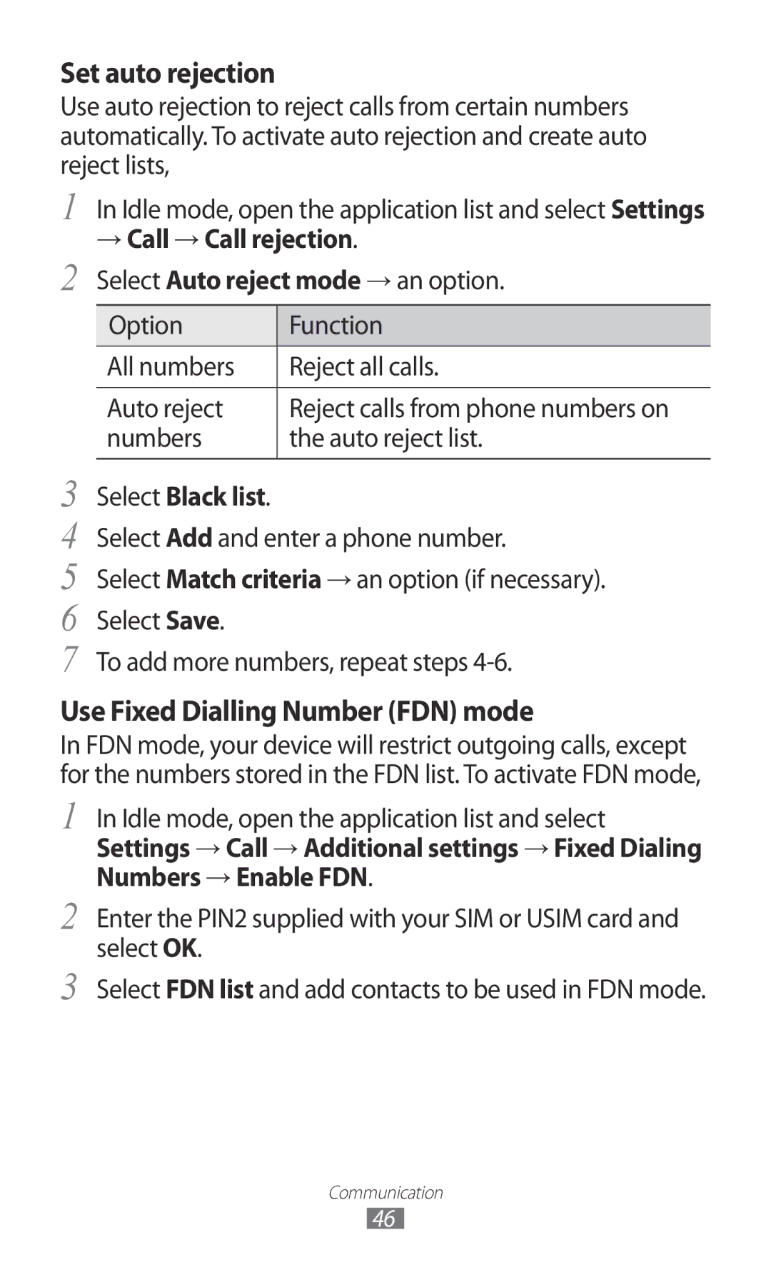 Samsung GT-I8150MAAXXV, GT-I8150FKAKSA, GT-I8150FKAXSG, GT-I8150EWAMID manual → Call → Call rejection, Select Black list 