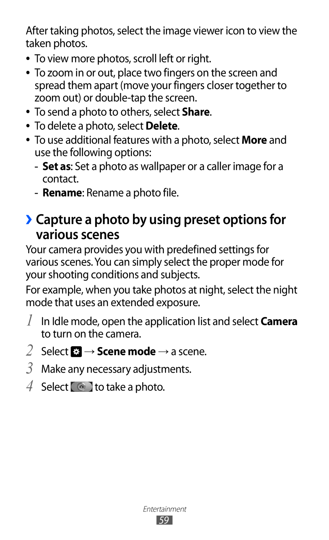 Samsung GT-I8150EWAJED, GT-I8150FKAKSA, GT-I8150FKAXSG manual ››Capture a photo by using preset options for various scenes 