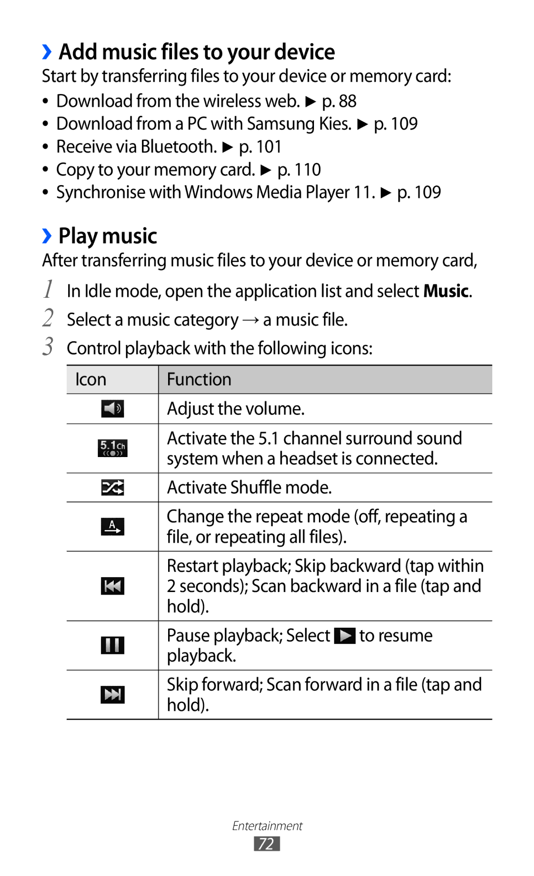 Samsung GT-I8150EWAXEV manual ››Add music files to your device, ››Play music, Hold Pause playback Select To resume Playback 