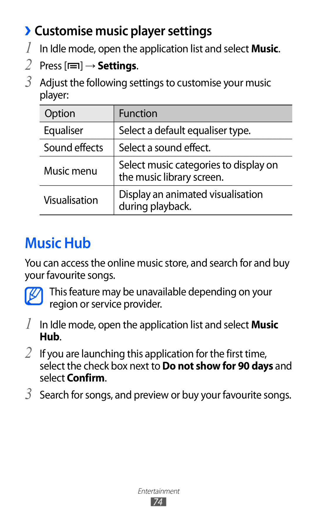 Samsung GT-I8150FKAPTR, GT-I8150FKAKSA, GT-I8150FKAXSG Music Hub, ››Customise music player settings, Music library screen 