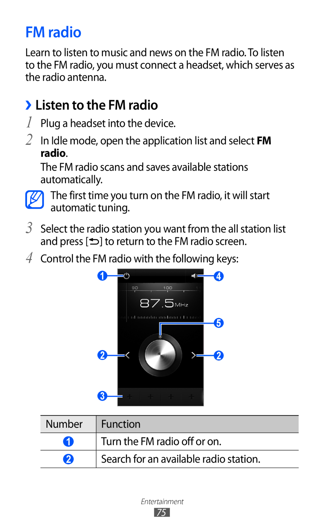 Samsung GT-I8150FKAKSA, GT-I8150FKAXSG, GT-I8150EWAMID, GT-I8150FKAEGY, GT-I8150FKAJED manual ››Listen to the FM radio 