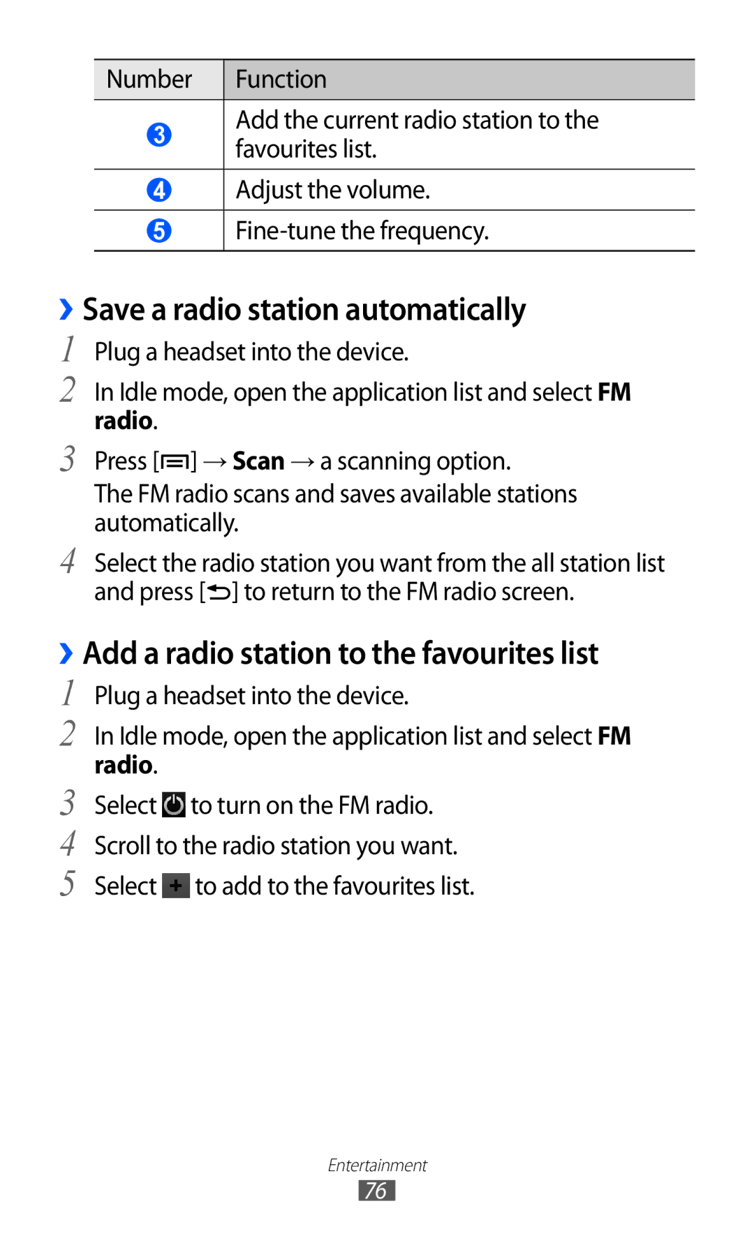 Samsung GT-I8150FKAXSG manual ››Save a radio station automatically, ››Add a radio station to the favourites list, Radio 