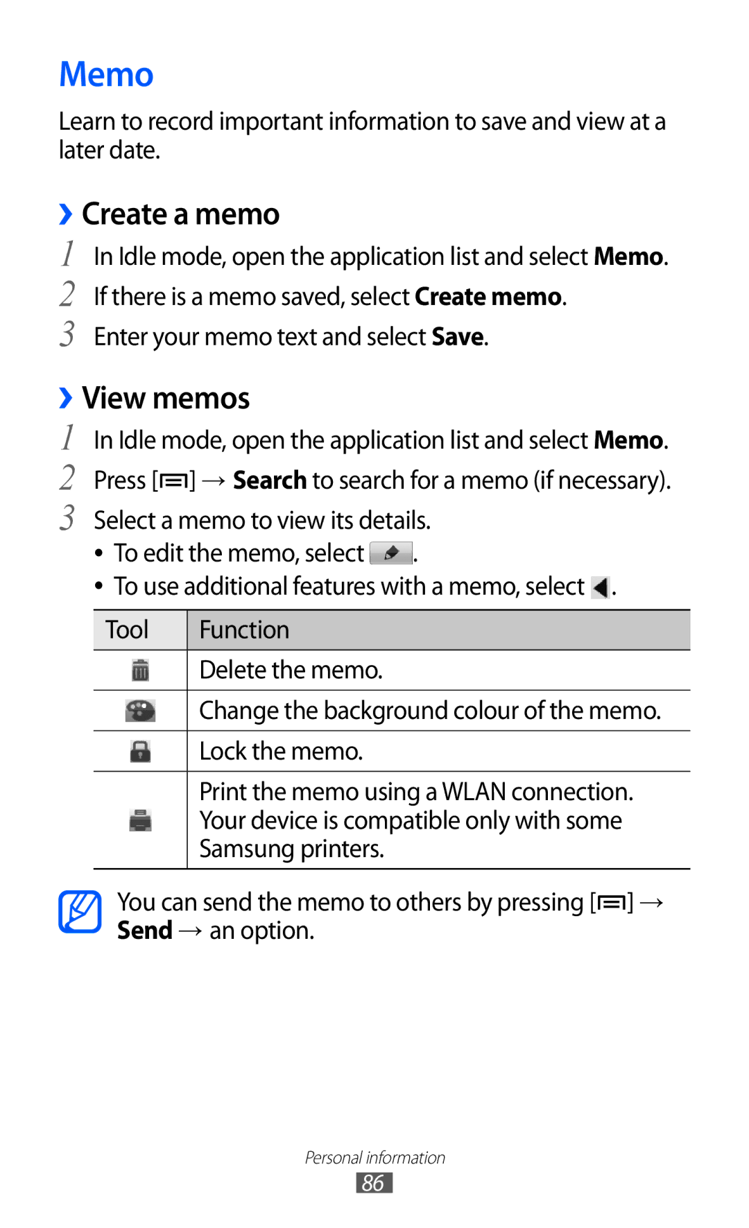 Samsung GT-I8150FKATUN, GT-I8150FKAKSA, GT-I8150FKAXSG, GT-I8150EWAMID, GT-I8150FKAEGY Memo, ››Create a memo, ››View memos 