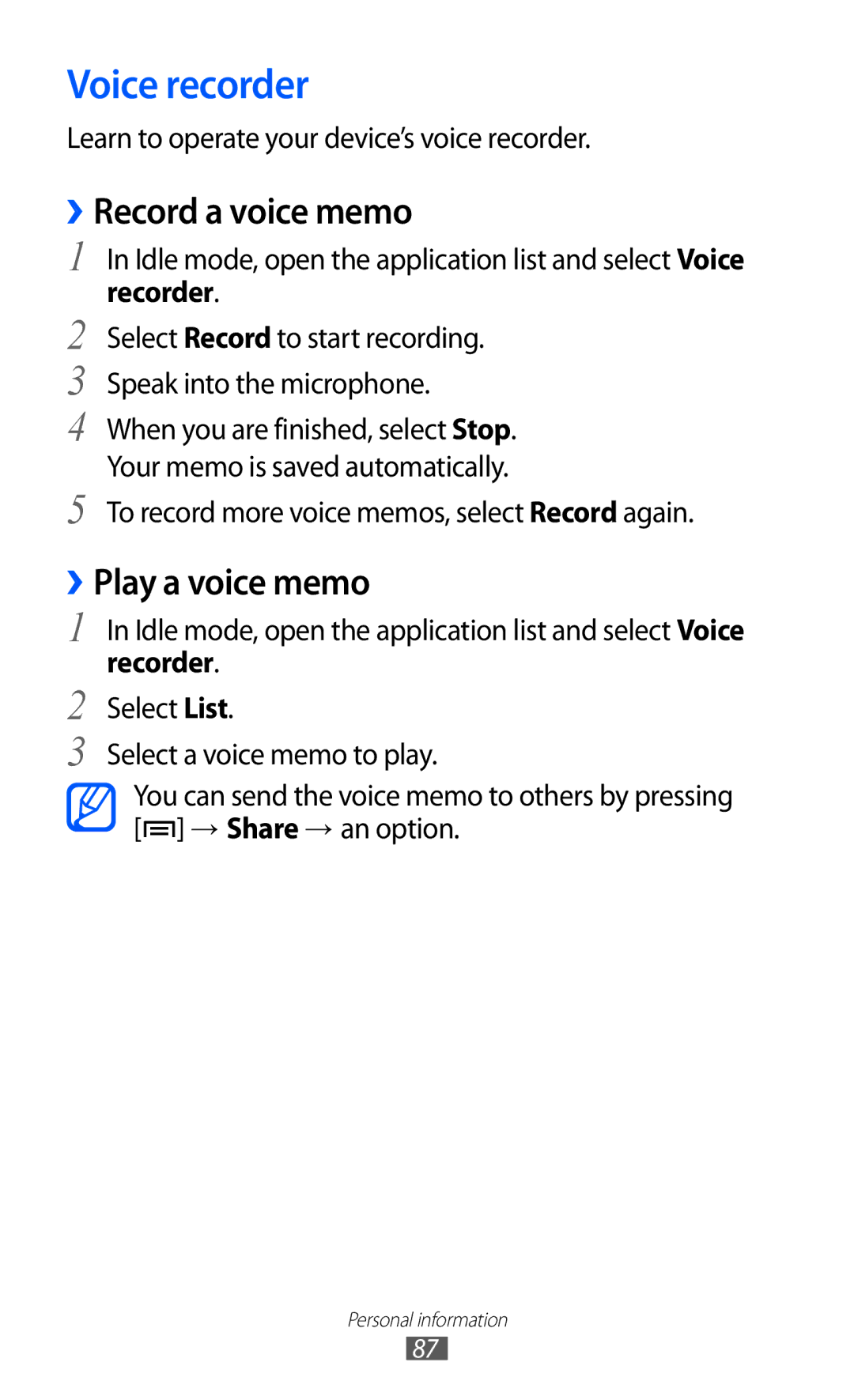 Samsung GT-I8150MAAJED, GT-I8150FKAKSA, GT-I8150FKAXSG Voice recorder, ››Record a voice memo, ››Play a voice memo, Recorder 