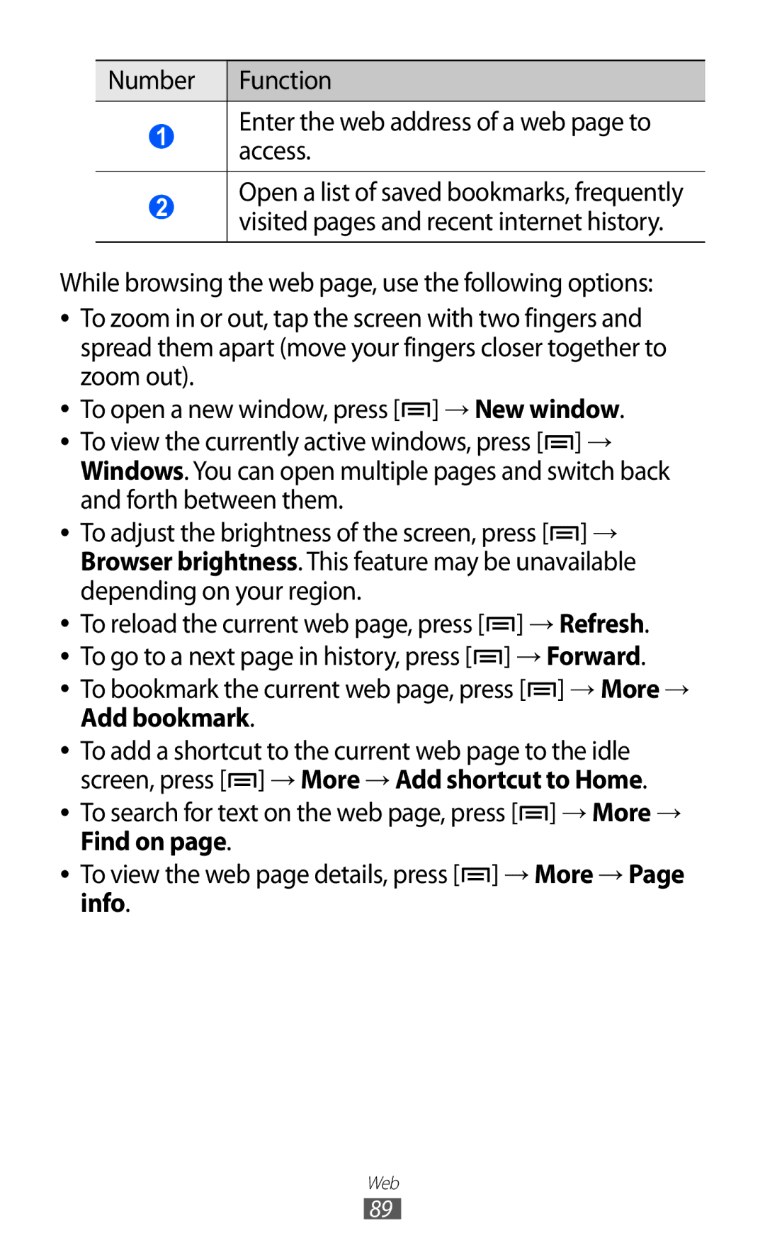 Samsung GT-I8150FKASKZ, GT-I8150FKAKSA, GT-I8150FKAXSG manual Depending on your region, → Refresh, → Forward, Add bookmark 