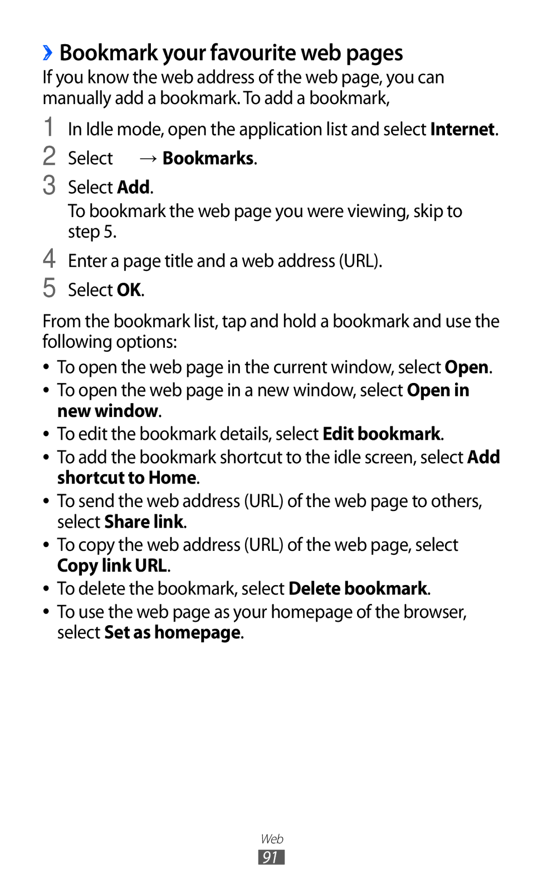 Samsung GT-I8150FKUSKZ manual ››Bookmark your favourite web pages, Idle mode, open the application list and select Internet 