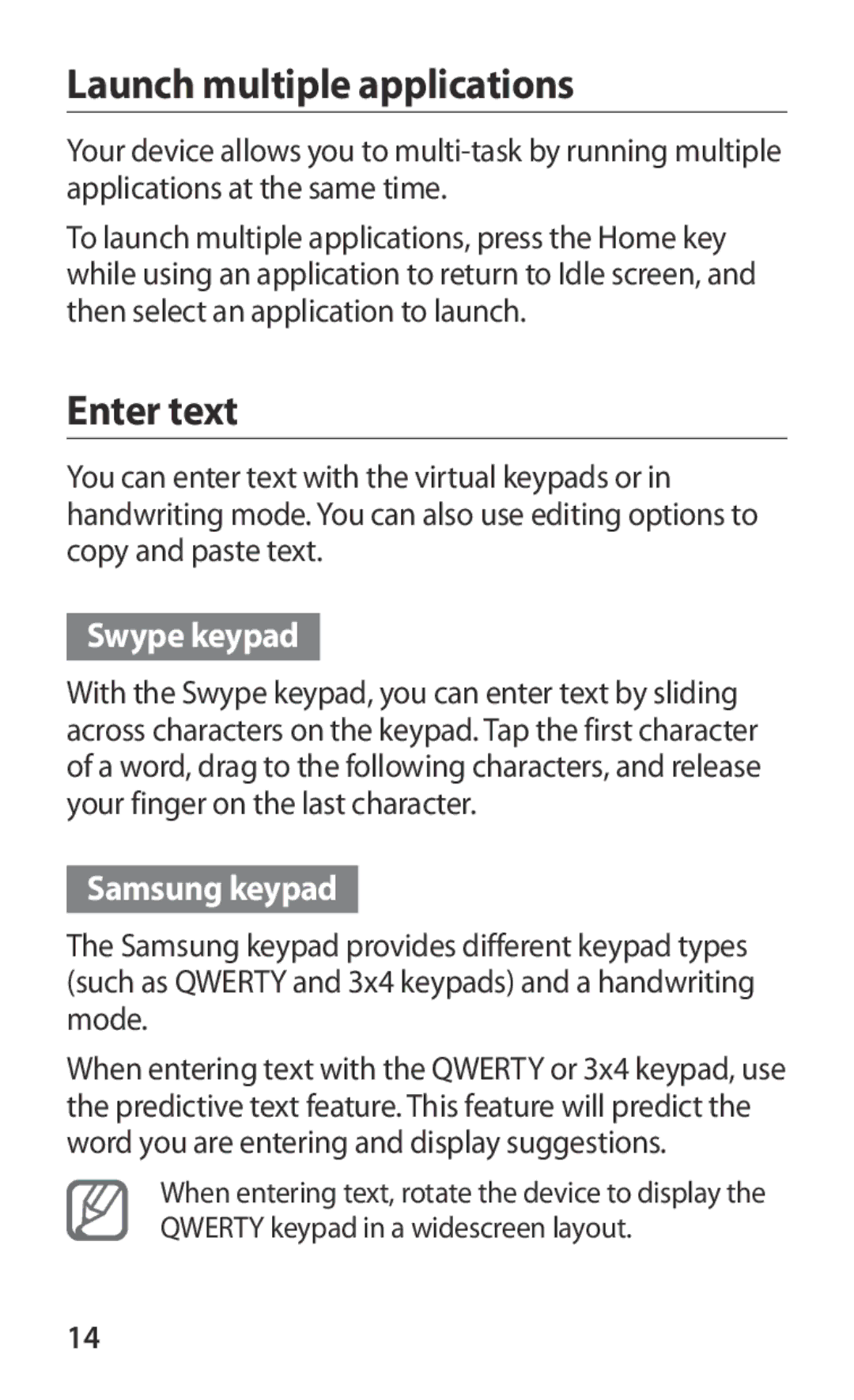 Samsung GT-I8150FKASKZ, GT-I8150FKAKSA manual Launch multiple applications, Enter text, Swype keypad, Samsung keypad 