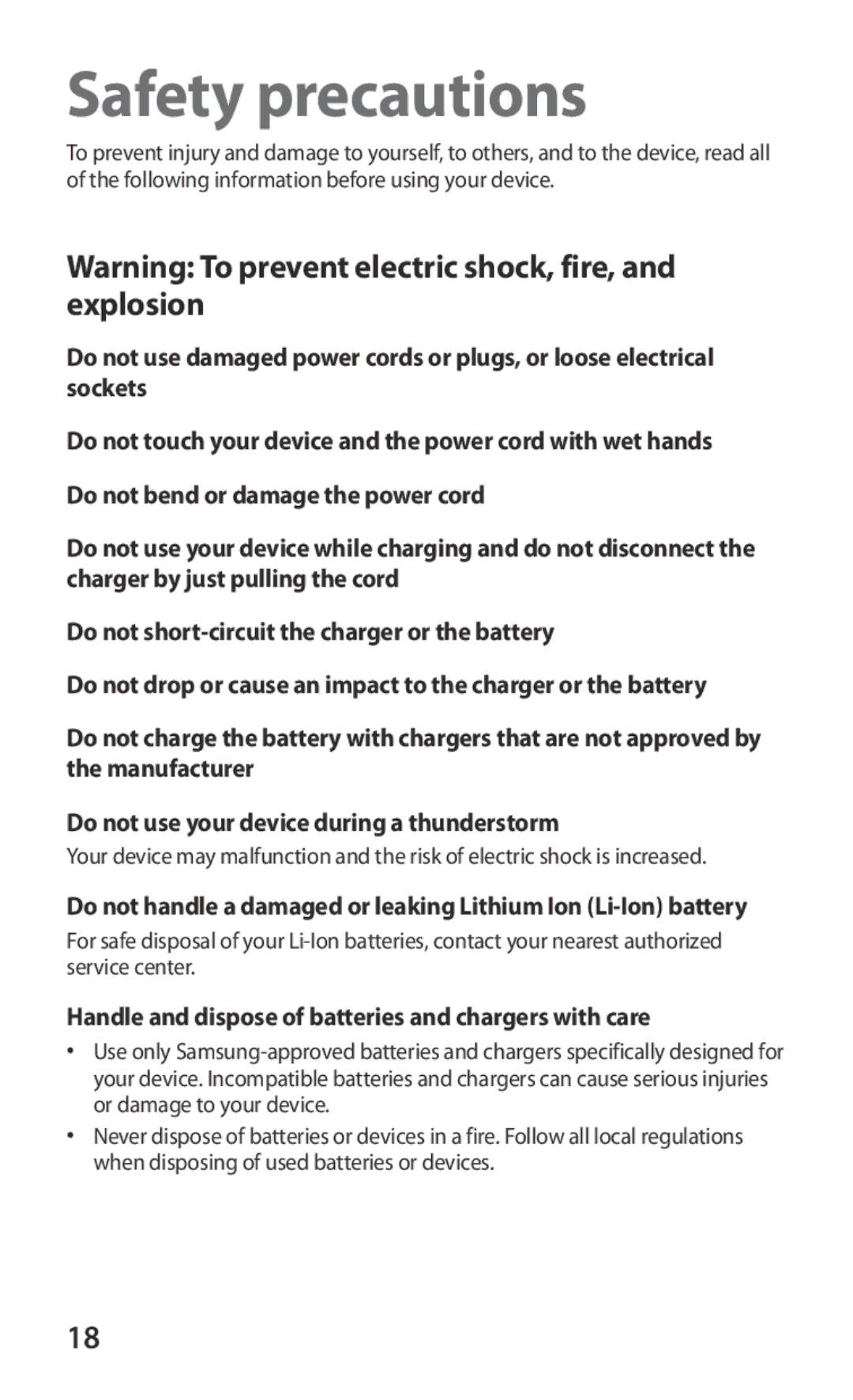 Samsung GT-I8150EWAXXV, GT-I8150FKAKSA manual Safety precautions, Handle and dispose of batteries and chargers with care 