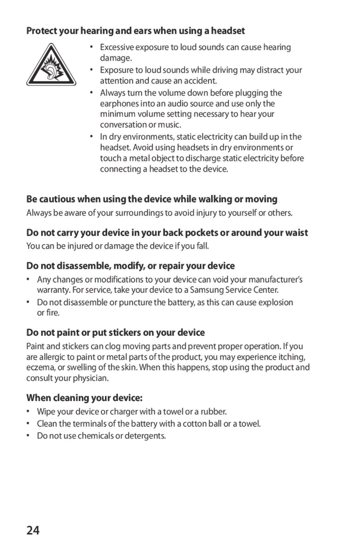 Samsung GT-I8150FKAPTR Protect your hearing and ears when using a headset, Do not paint or put stickers on your device 