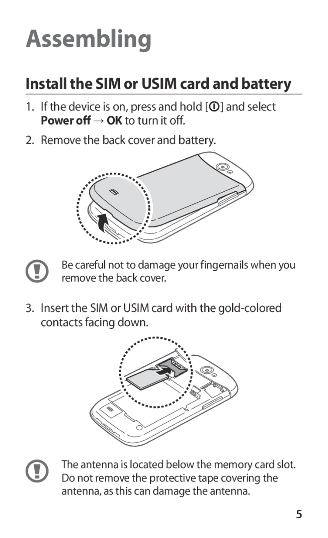 Samsung GT-I8150FKAMID, GT-I8150FKAKSA, GT-I8150FKAXSG, GT-I8150EWAMID Assembling, Install the SIM or Usim card and battery 