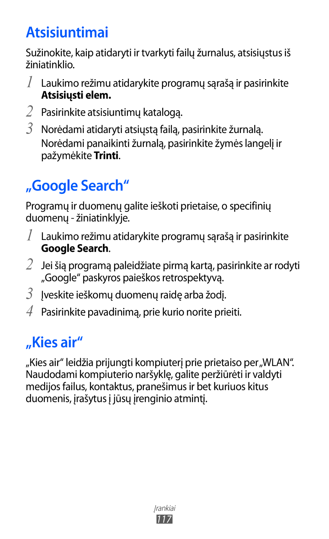 Samsung GT-I8150EWASEB, GT-I8150FKASEB manual Atsisiuntimai, „Google Search, „Kies air, Atsisiųsti elem 
