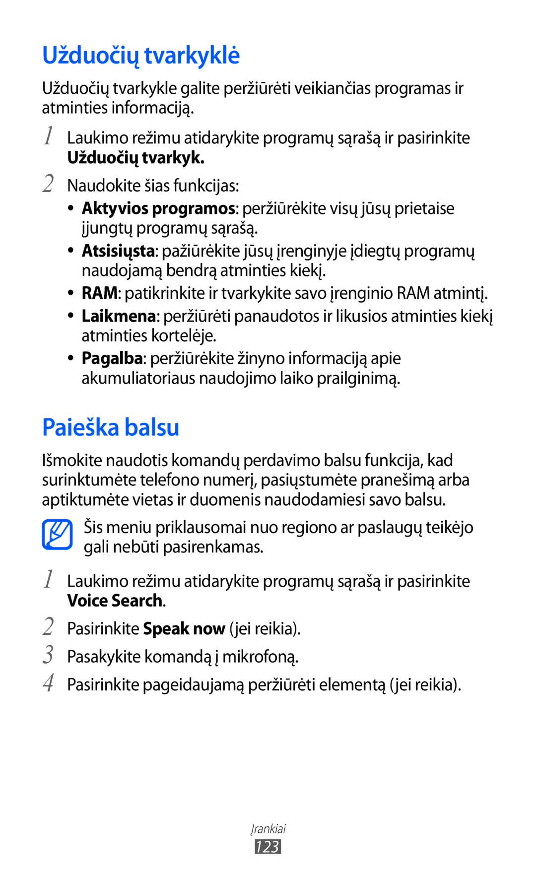 Samsung GT-I8150EWASEB, GT-I8150FKASEB manual Užduočių tvarkyklė, Paieška balsu, Voice Search 