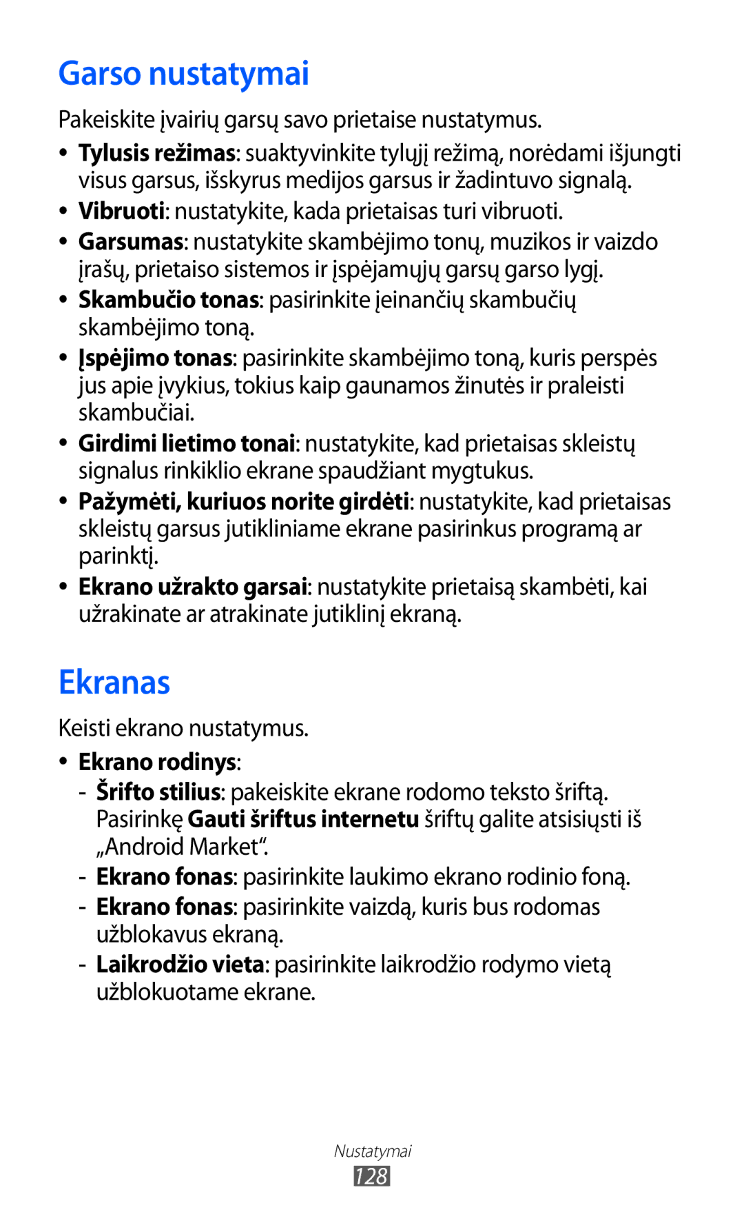 Samsung GT-I8150FKASEB, GT-I8150EWASEB manual Garso nustatymai, Ekranas, Ekrano rodinys 