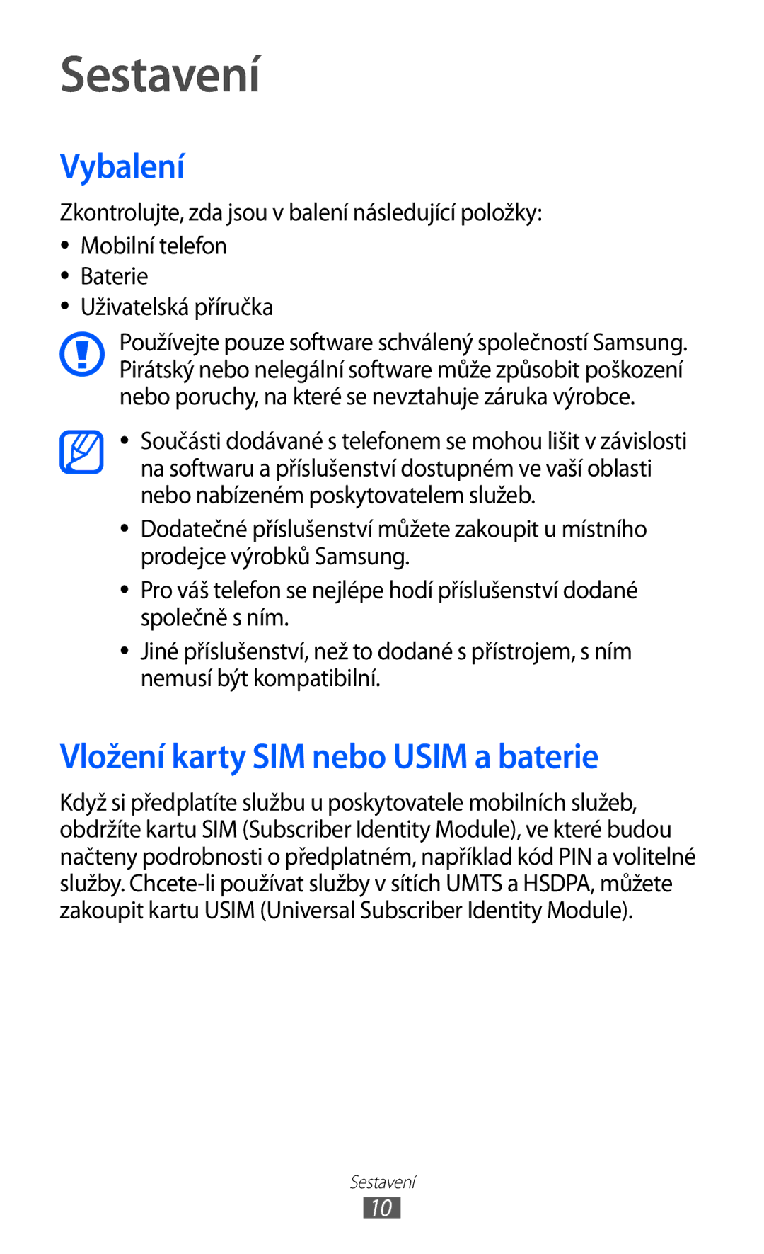 Samsung GT-I8150FKAXEZ, GT-I8150FKAVDC, GT-I8150EWAXSK manual Sestavení, Vybalení, Vložení karty SIM nebo Usim a baterie 