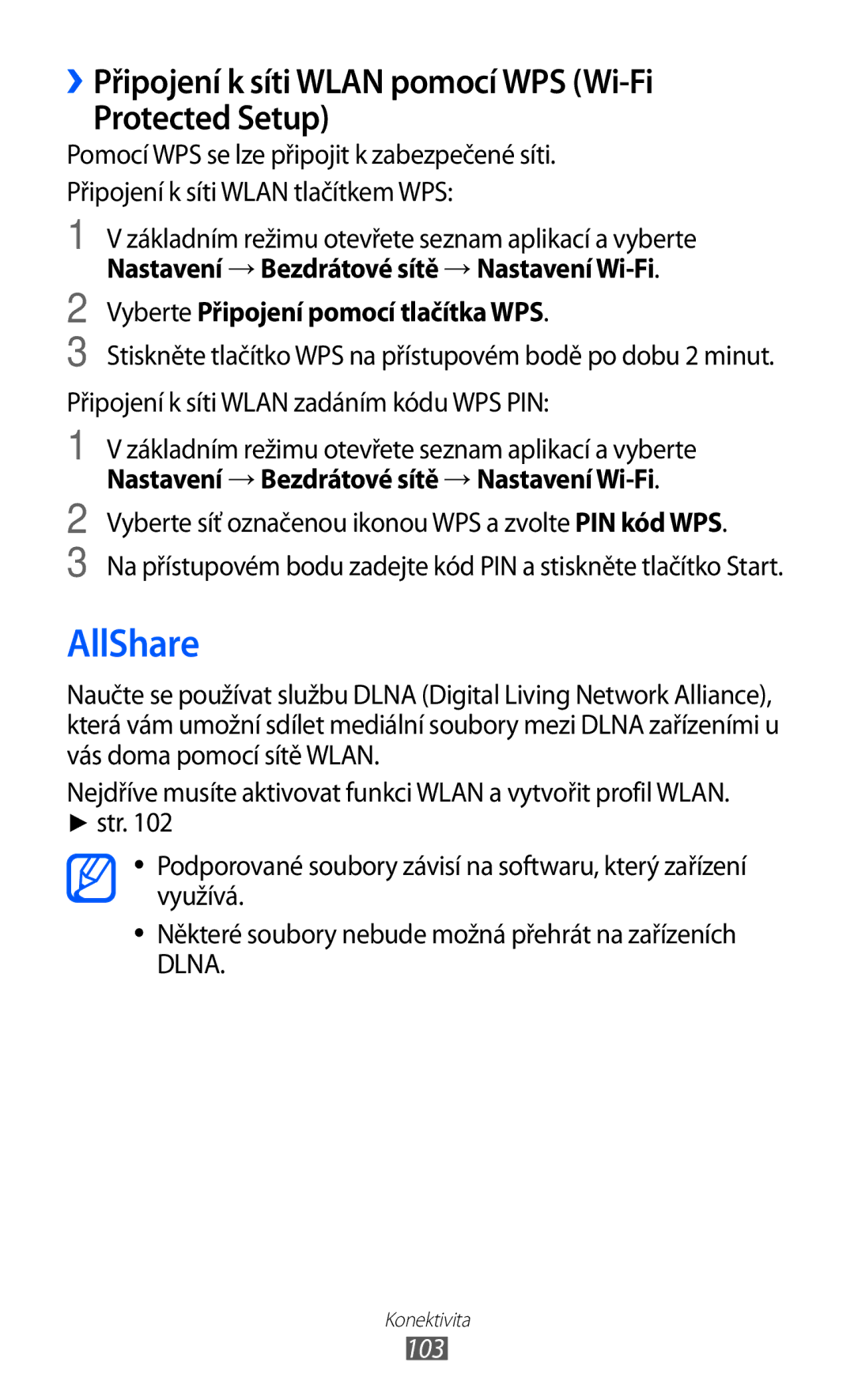 Samsung GT-I8150FKAO2C, GT-I8150FKAXEZ manual AllShare, ››Připojení k síti Wlan pomocí WPS Wi-Fi Protected Setup, 103 