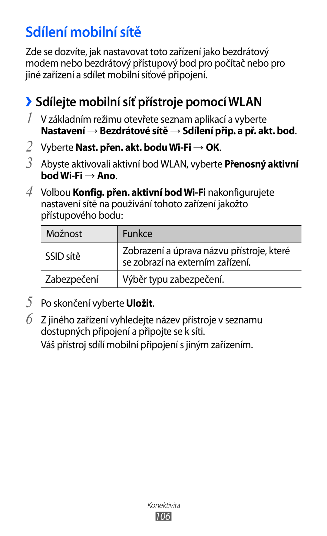 Samsung GT-I8150FKAVDC manual Sdílení mobilní sítě, ››Sdílejte mobilní síť přístroje pomocí Wlan, Bod Wi-Fi → Ano, 106 