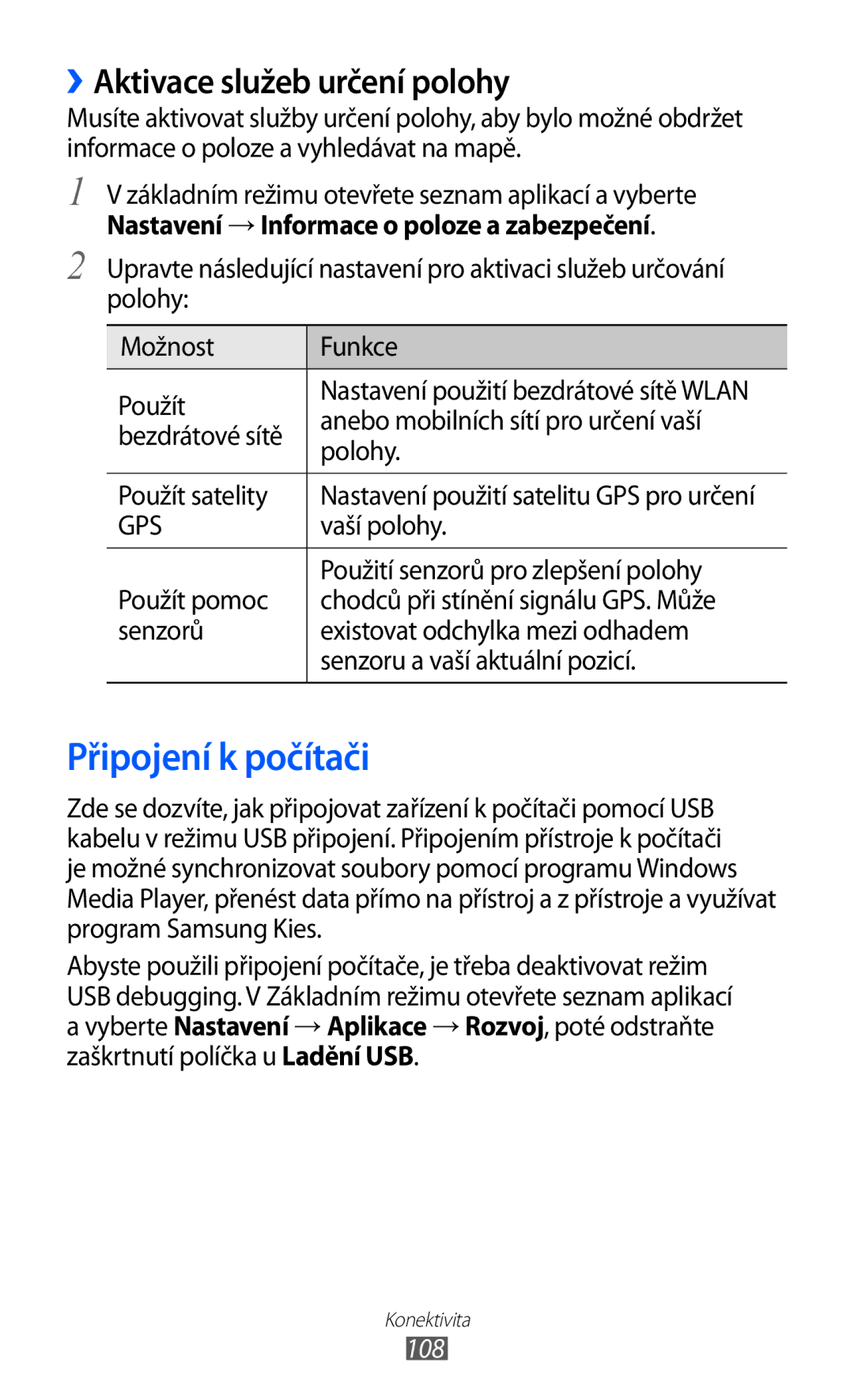 Samsung GT-I8150FKAO2C Připojení k počítači, ››Aktivace služeb určení polohy, Nastavení → Informace o poloze a zabezpečení 