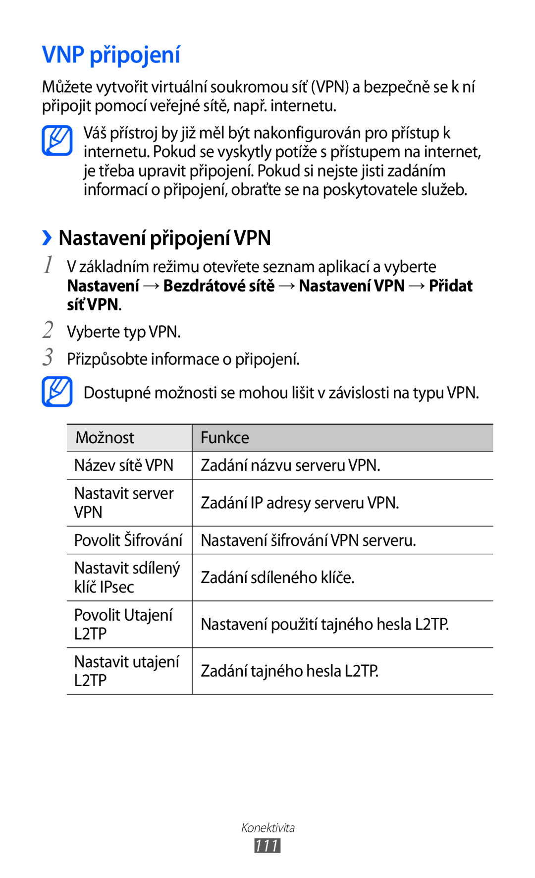 Samsung GT-I8150FKAVDC, GT-I8150FKAXEZ, GT-I8150EWAXSK, GT-I8150FKAO2C manual VNP připojení, ››Nastavení připojení VPN, 111 