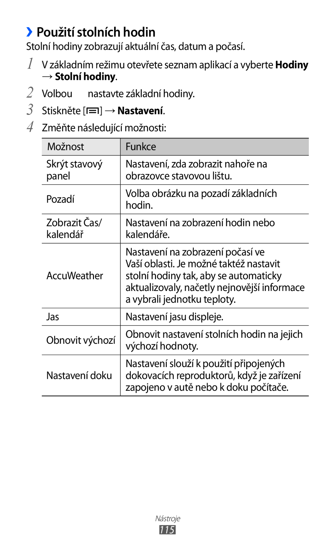 Samsung GT-I8150FKAXEZ, GT-I8150FKAVDC, GT-I8150EWAXSK, GT-I8150FKAO2C manual ››Použití stolních hodin, → Stolní hodiny, 115 