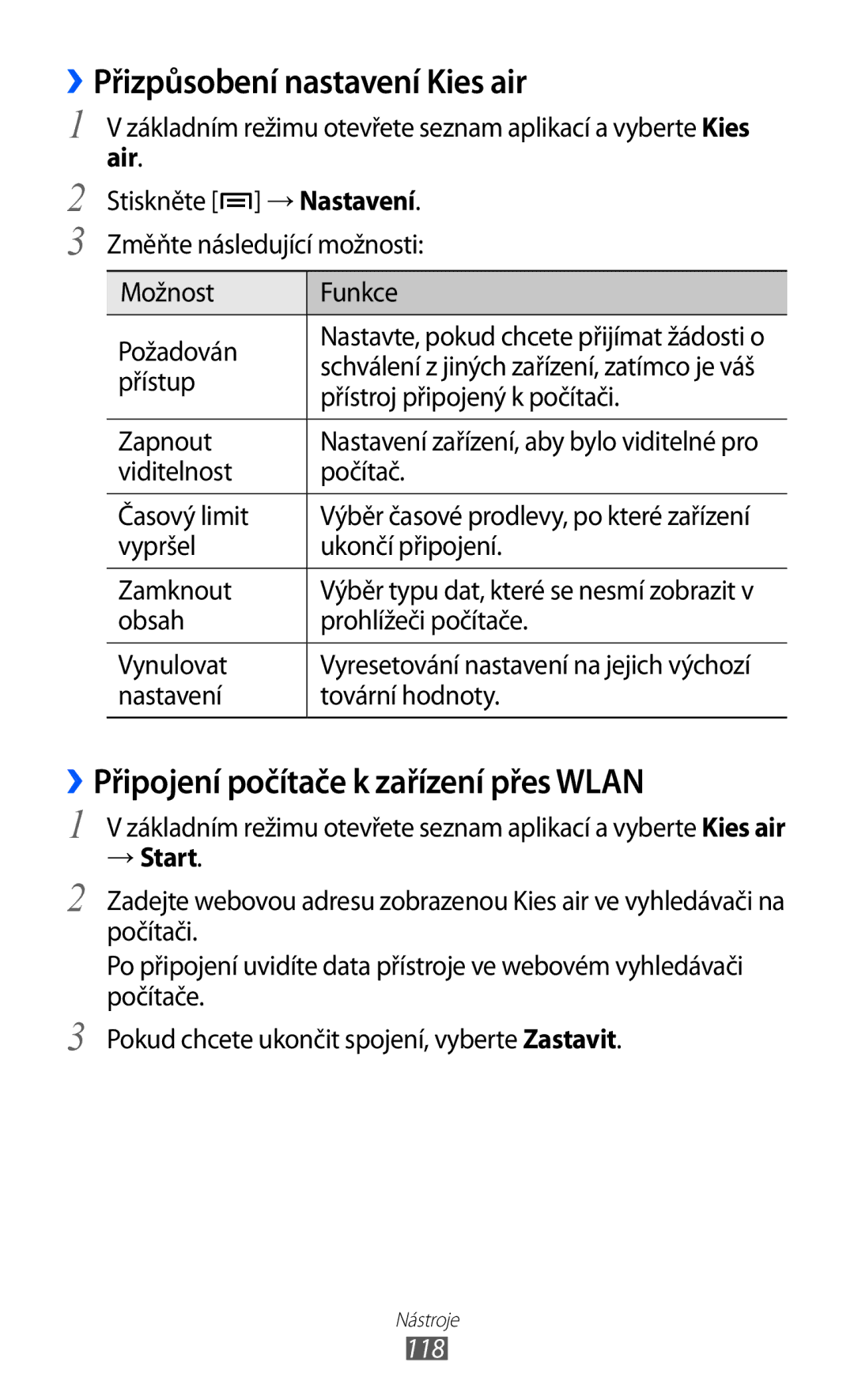 Samsung GT-I8150FKAO2C manual ››Přizpůsobení nastavení Kies air, ››Připojení počítače k zařízení přes Wlan, Air, 118 