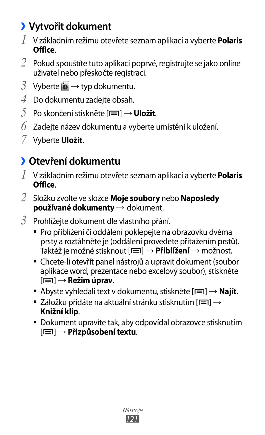 Samsung GT-I8150FKAVDC manual ››Vytvořit dokument, ››Otevření dokumentu, Office, Knižní klip, → Přizpůsobení textu 