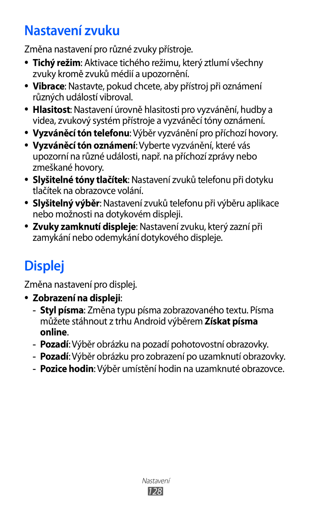 Samsung GT-I8150FKAO2C, GT-I8150FKAXEZ, GT-I8150FKAVDC, GT-I8150EWAXSK, GT-I8150FKAXSK manual Nastavení zvuku, Displej, 128 