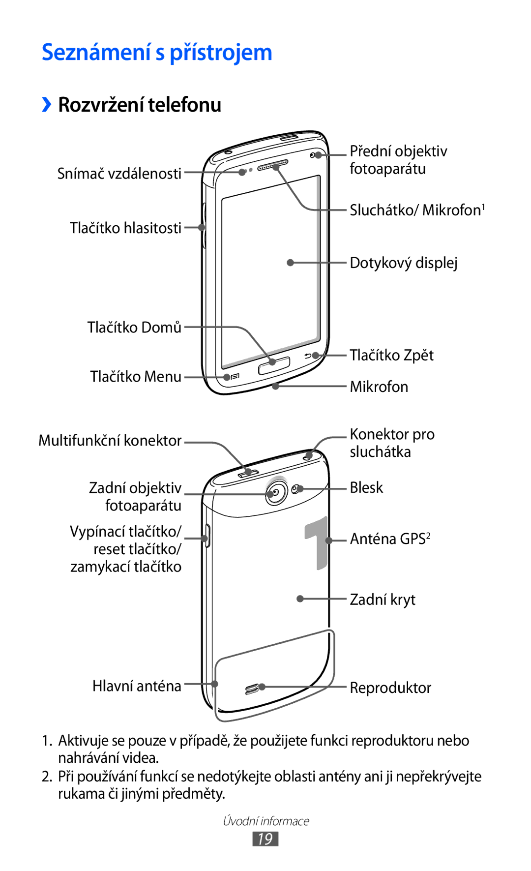 Samsung GT-I8150FKAXSK, GT-I8150FKAXEZ, GT-I8150FKAVDC, GT-I8150EWAXSK manual Seznámení s přístrojem, ››Rozvržení telefonu 