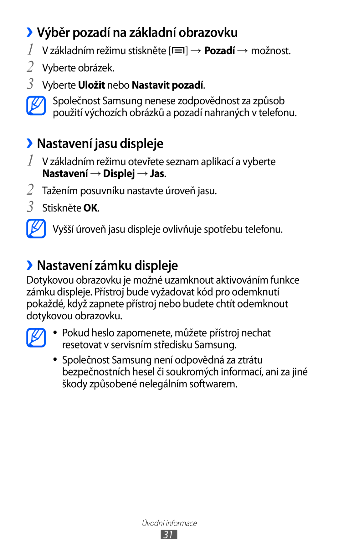 Samsung GT-I8150FKAVDC manual ››Výběr pozadí na základní obrazovku, ››Nastavení jasu displeje, ››Nastavení zámku displeje 