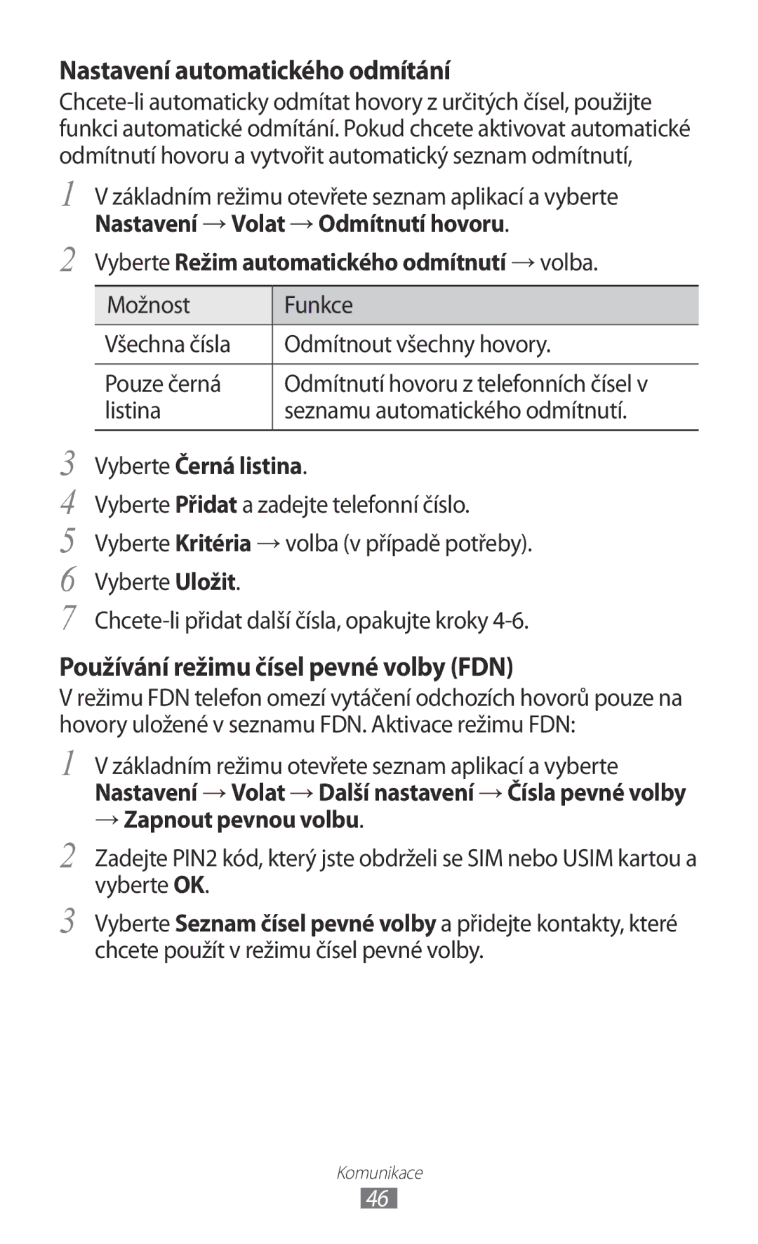 Samsung GT-I8150FKAVDC, GT-I8150FKAXEZ, GT-I8150EWAXSK, GT-I8150FKAO2C manual Vyberte Černá listina, → Zapnout pevnou volbu 