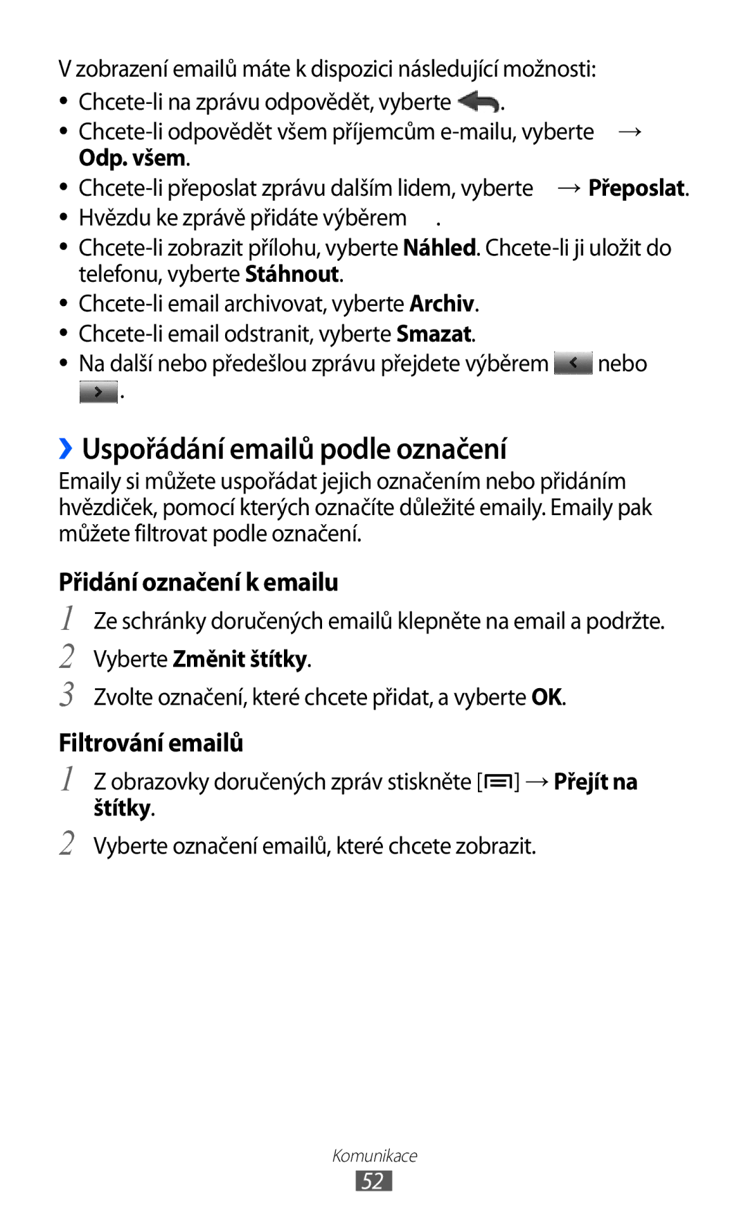 Samsung GT-I8150EWAXSK, GT-I8150FKAXEZ manual ››Uspořádání emailů podle označení, Odp. všem, Vyberte Změnit štítky, Štítky 