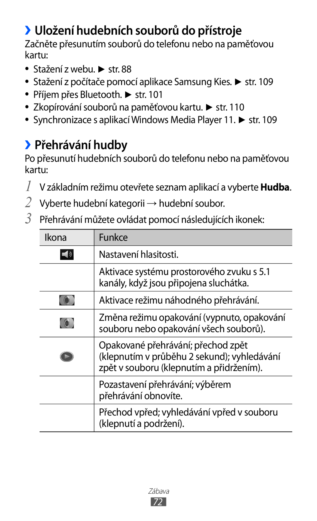 Samsung GT-I8150EWAXSK, GT-I8150FKAXEZ, GT-I8150FKAVDC manual ››Uložení hudebních souborů do přístroje, ››Přehrávání hudby 