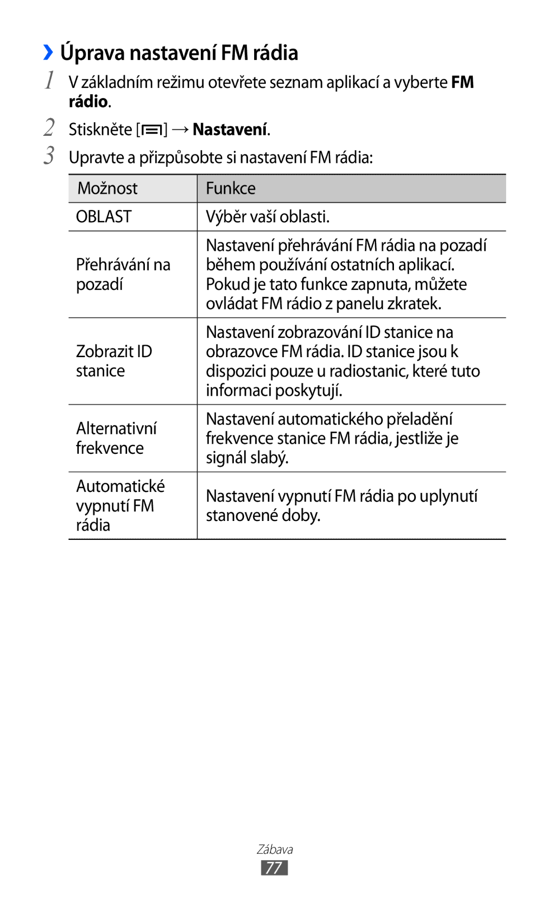 Samsung GT-I8150EWAXSK ››Úprava nastavení FM rádia, Výběr vaší oblasti, Přehrávání na, Během používání ostatních aplikací 