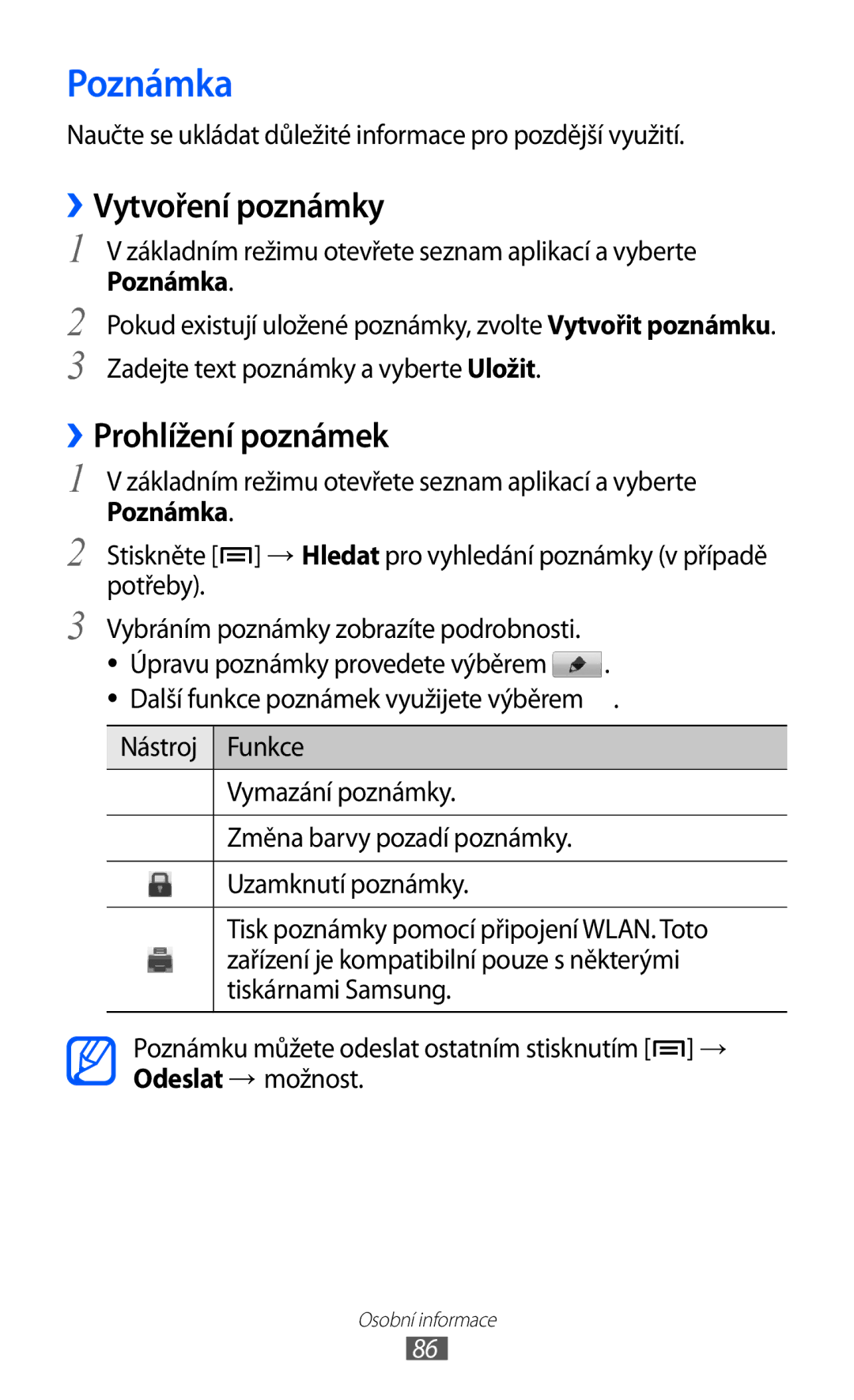 Samsung GT-I8150FKAVDC, GT-I8150FKAXEZ, GT-I8150EWAXSK, GT-I8150FKAO2C Poznámka, ››Vytvoření poznámky, ››Prohlížení poznámek 