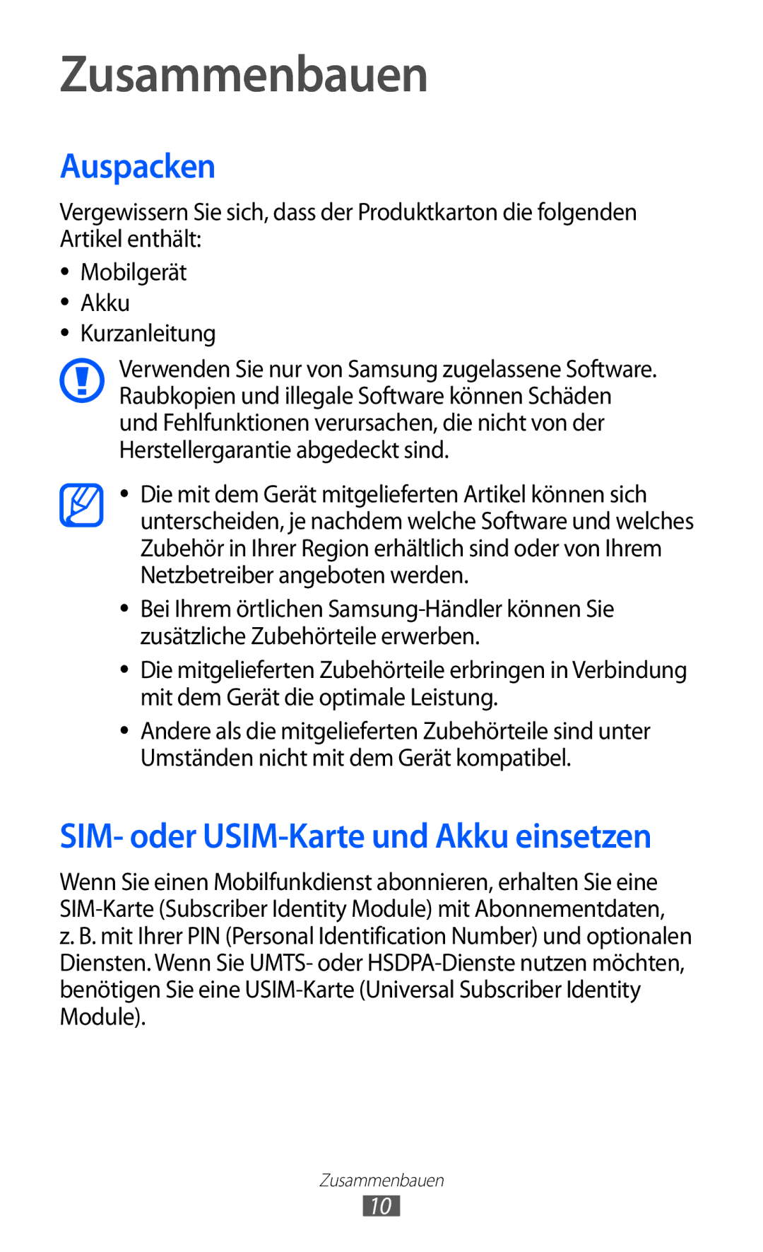 Samsung GT-I8150FKADTM, GT-I8150MAADTM, GT-I8150FKAVIT, GT-I8150FKATUR, GT-I8150EWAITV manual Zusammenbauen, Auspacken 