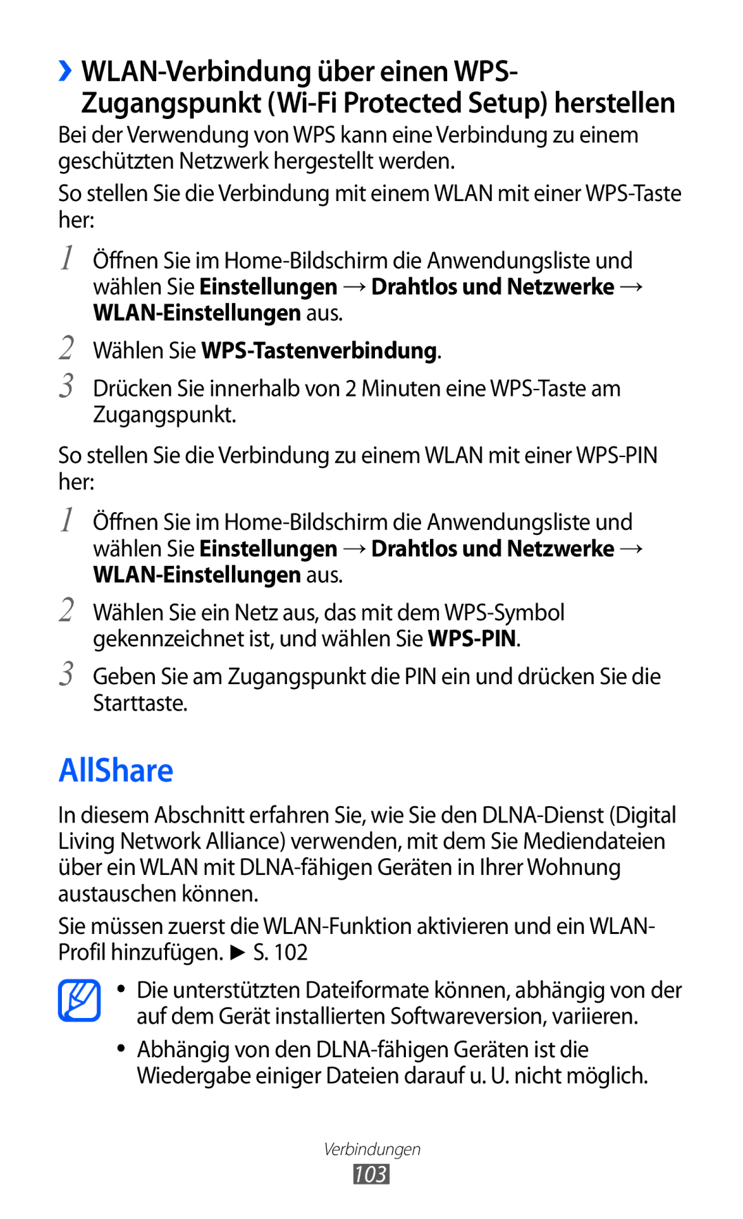 Samsung GT-I8150MAADBT, GT-I8150MAADTM AllShare, ››WLAN-Verbindung über einen WPS, Wählen Sie WPS-Tastenverbindung, 103 