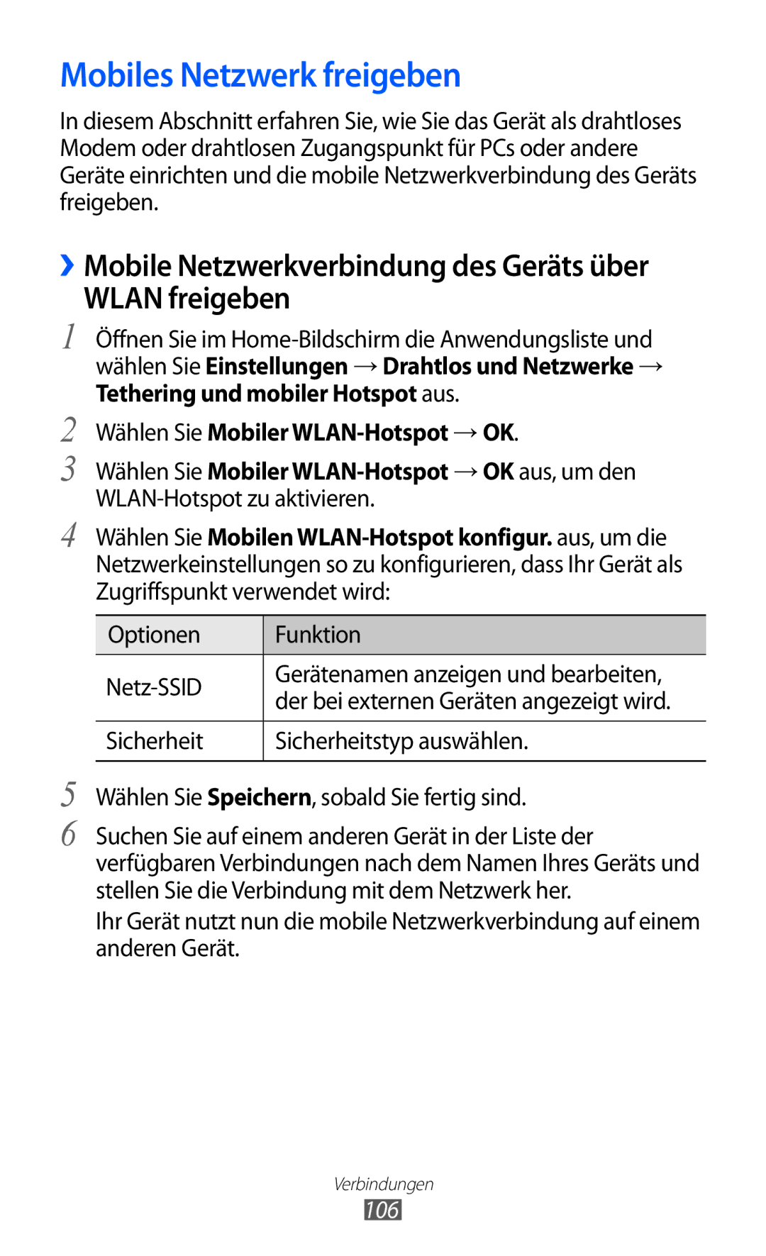 Samsung GT-I8150FKAVD2 manual Mobiles Netzwerk freigeben, ››Mobile Netzwerkverbindung des Geräts über Wlan freigeben, 106 